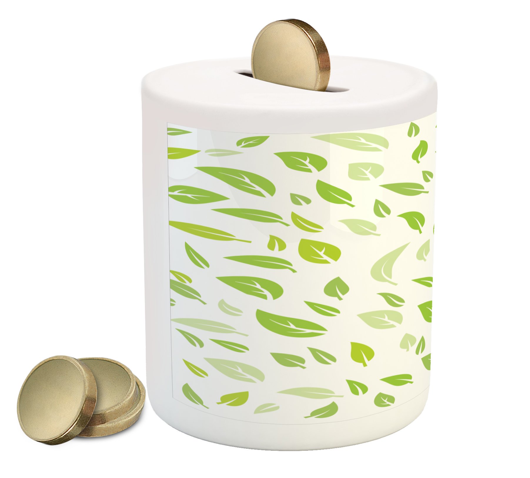 Ambesonne Ceramic Piggy Bank with Green Leaf Design - Money Saving Coin Bank for Kids & Adults | Perfect for Home Decor, Garden Themed Rooms & Summer Savings Gifts