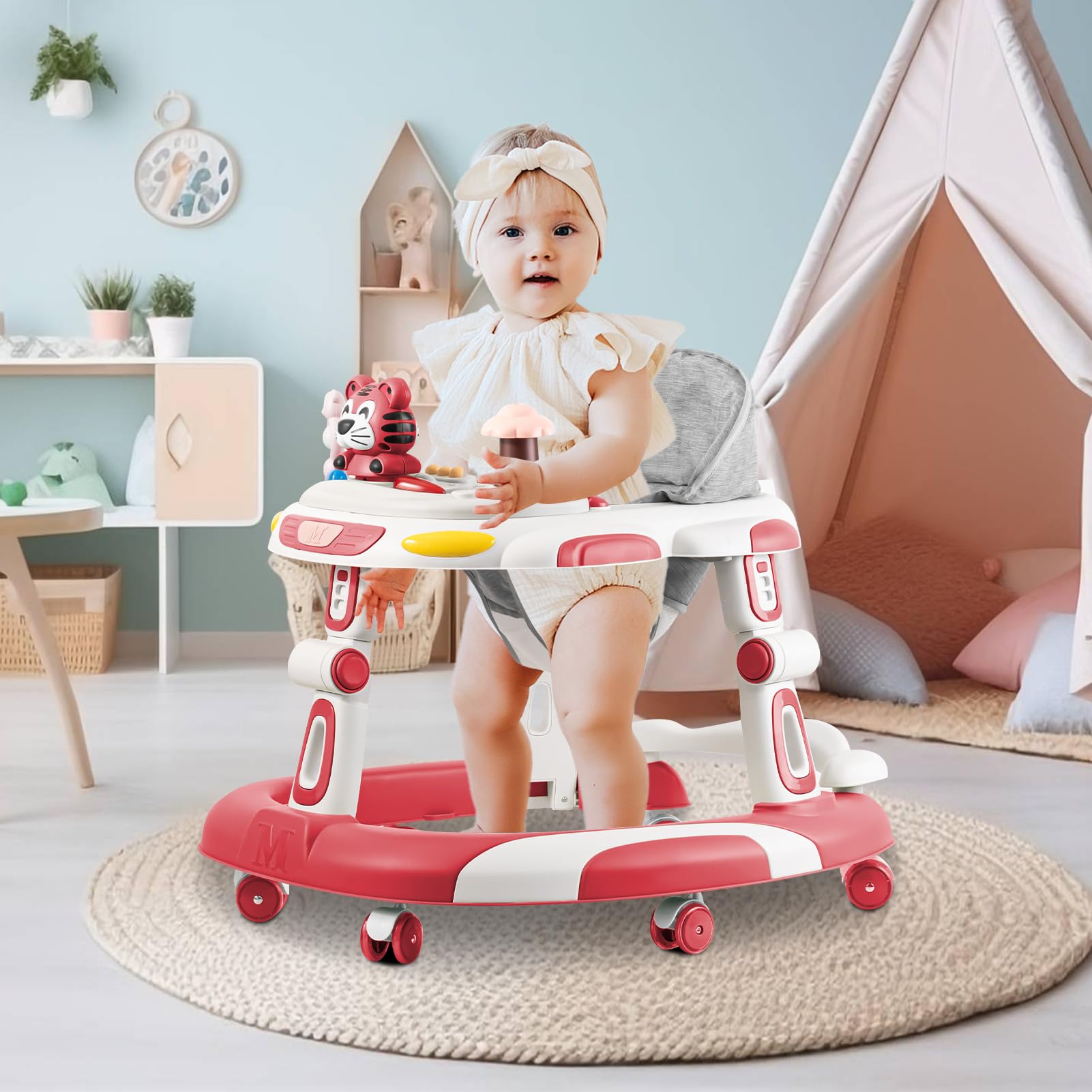 4-in-1 Foldable Baby Walker & Activity Center with Toy Tray - 3-Level Height Adjustable Infant Walker with Wheels for Boys & Girls 6-24 Months (Pink) | Perfect for Learning to Walk, Playtime & Early Development at Home