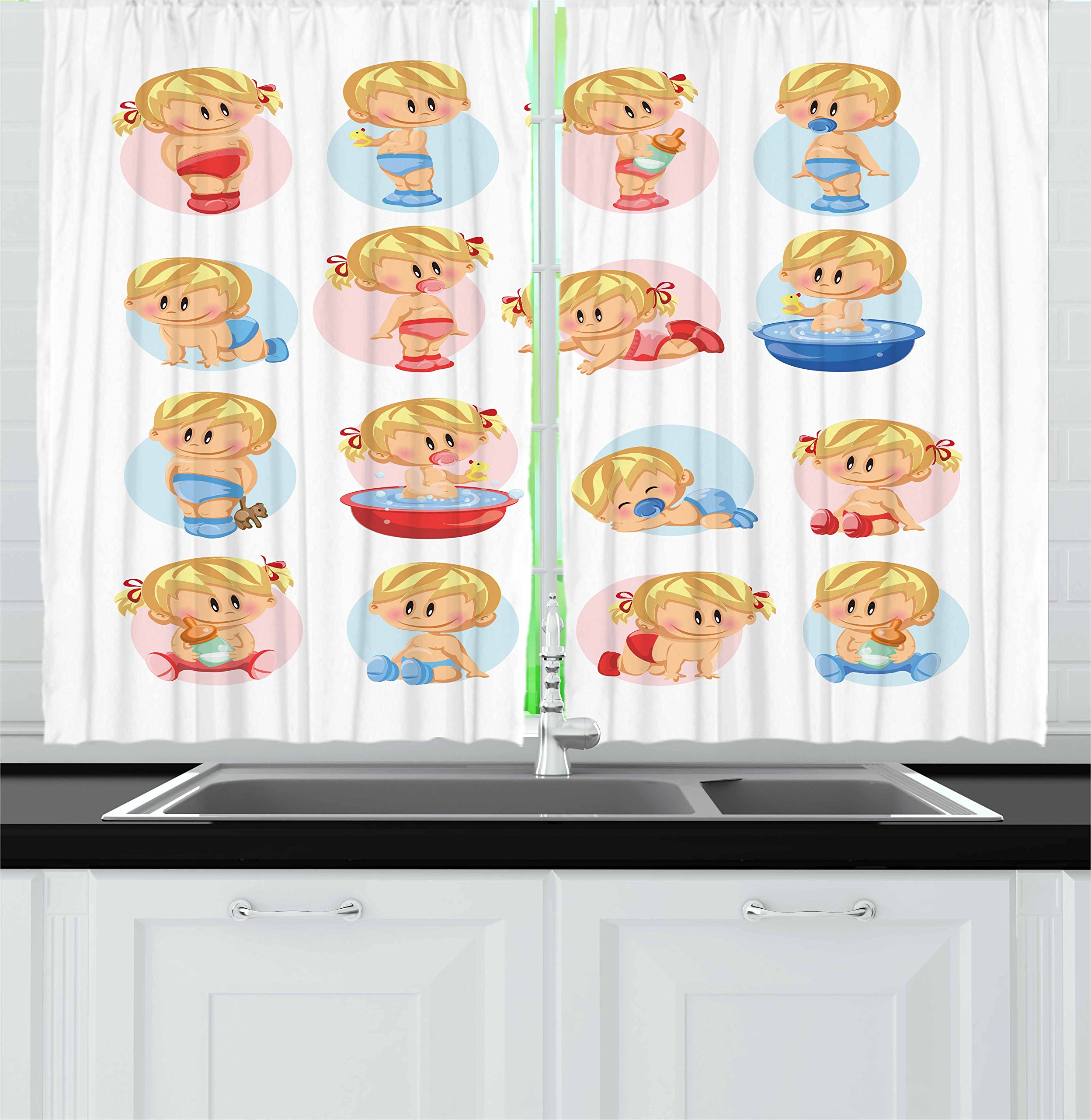 Ambesonne Cartoon Kitchen Curtains Set of 2 Panels - Cute Boys & Girls Bathing, Sleeping, Crawling & Drinking Milk Design - 55