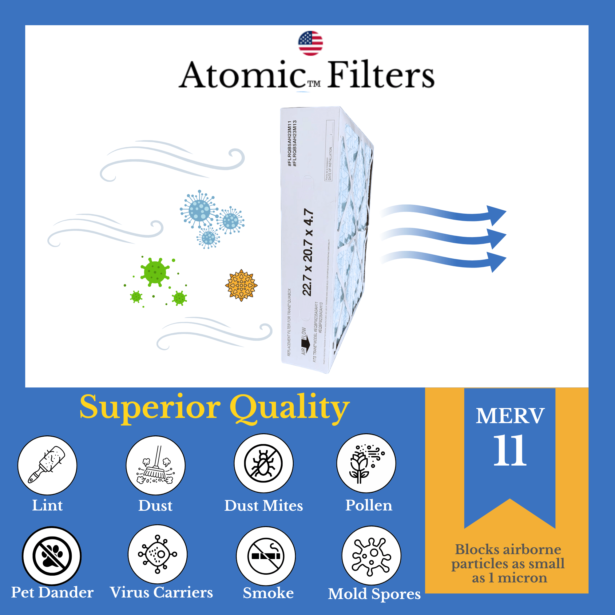 Trane FLRQB5AH23M11 Air Filter 22.7x20.7x4.7 MERV 11 - 2 Pack | Compatible with Atomic | HVAC Replacement Filters for Home & Office Use
