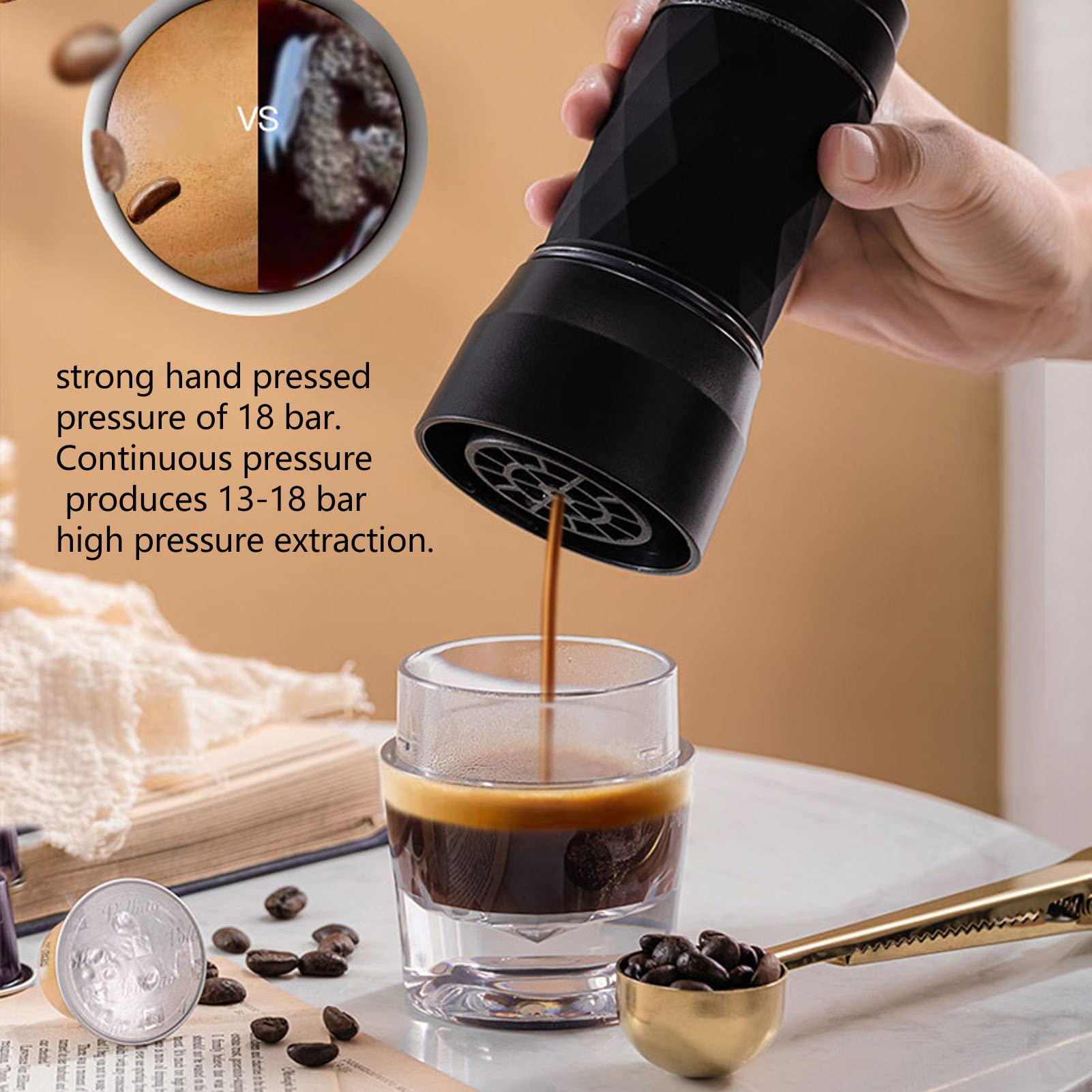Portable Manual Espresso Maker - Travel Coffee Machine for Camping, Hiking & Outdoor Use - Compatible with Ground Coffee & Coffee Capsules (Black) - Perfect for Home, Office & Travel Adventures