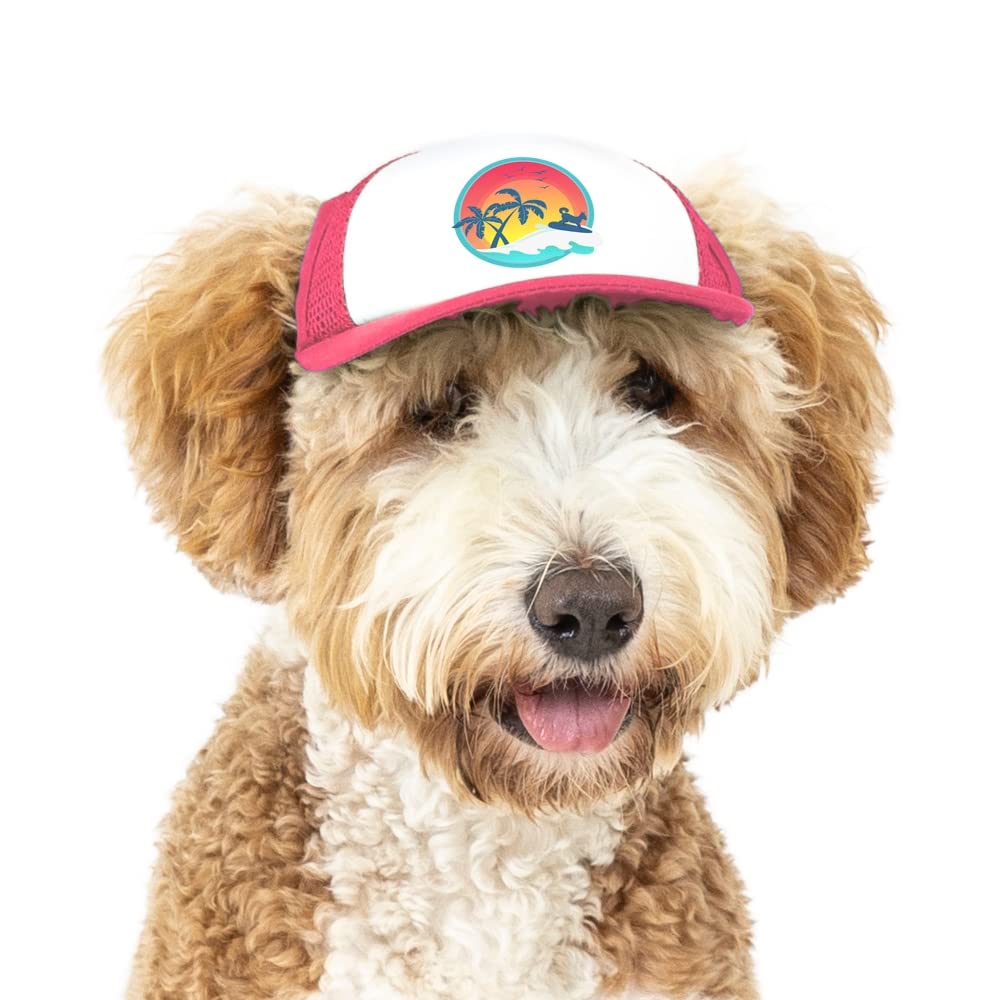 Premium Adjustable PupLid Trucker Hats for Dogs - Small Size Stylish Sun Protection Hat with Secure Fit for Active Pets (Pink Surfer Dog Design) | Perfect for Beach Outings, Hiking & Outdoor Adventures