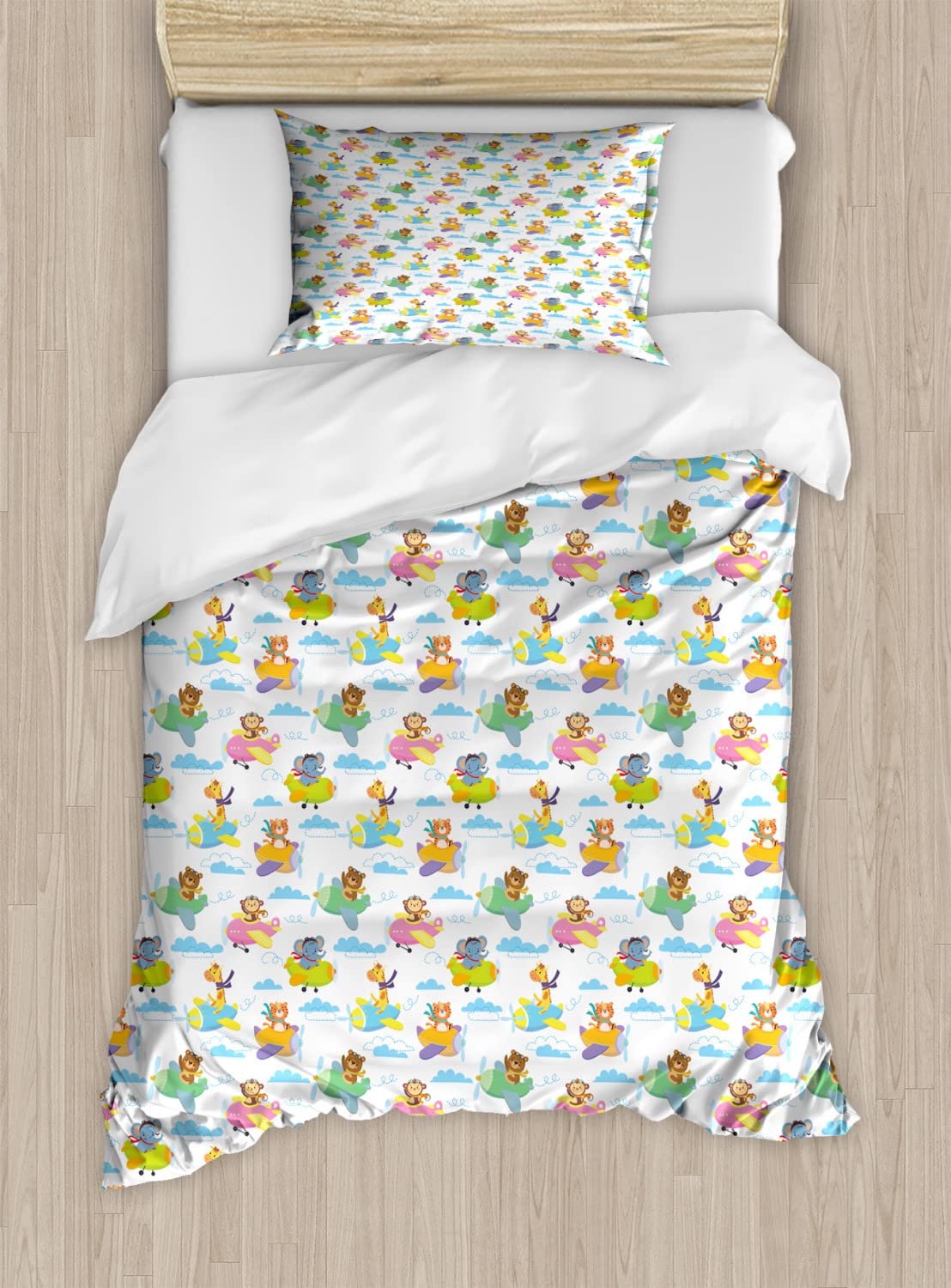 Ambesonne Adventure Cartoon Duvet Cover Set - Twin Size 2-Pack with Forest Animal Print (Giraffe, Tiger, Bear, Monkey on Biplane) - Includes 2 Duvet Covers & 2 Pillowcases - Vibrant Multicolor Bedding for Kids' Room, Nursery, or Adventure-Themed Decor