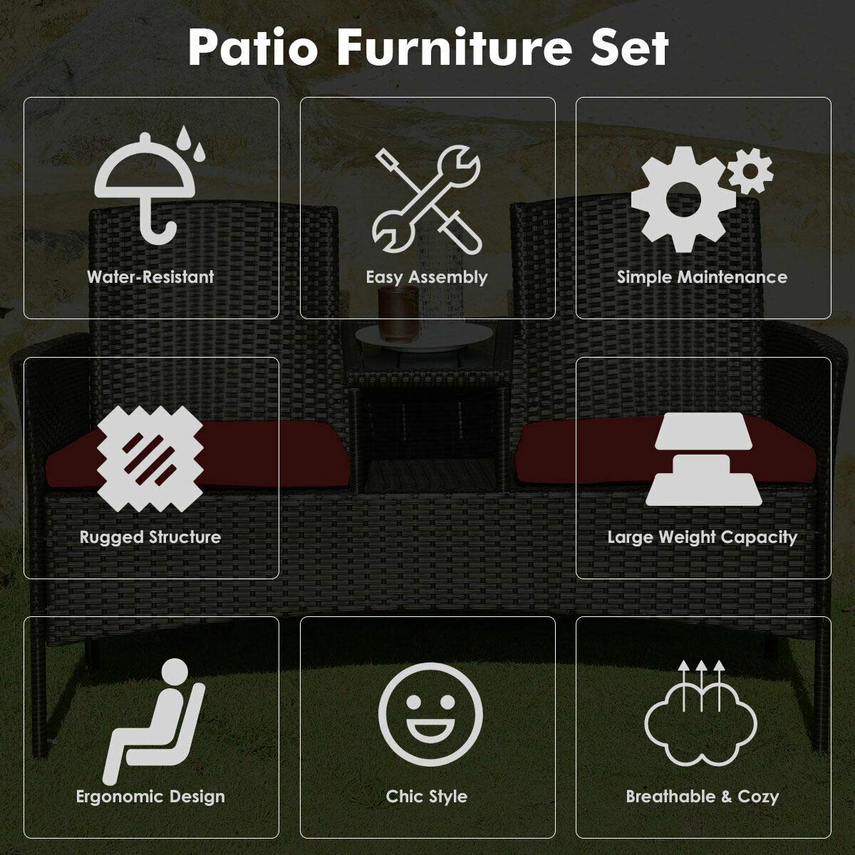 RELAX4LIFE Outdoor Rattan Wicker Conversation Set with Coffee Table & 2 Removable Cushion Chairs - Patio, Garden, Balcony, Lawn Furniture Loveseat (Brown+Red) - Perfect for Backyard Relaxation, Poolside Lounging & Outdoor Entertaining
