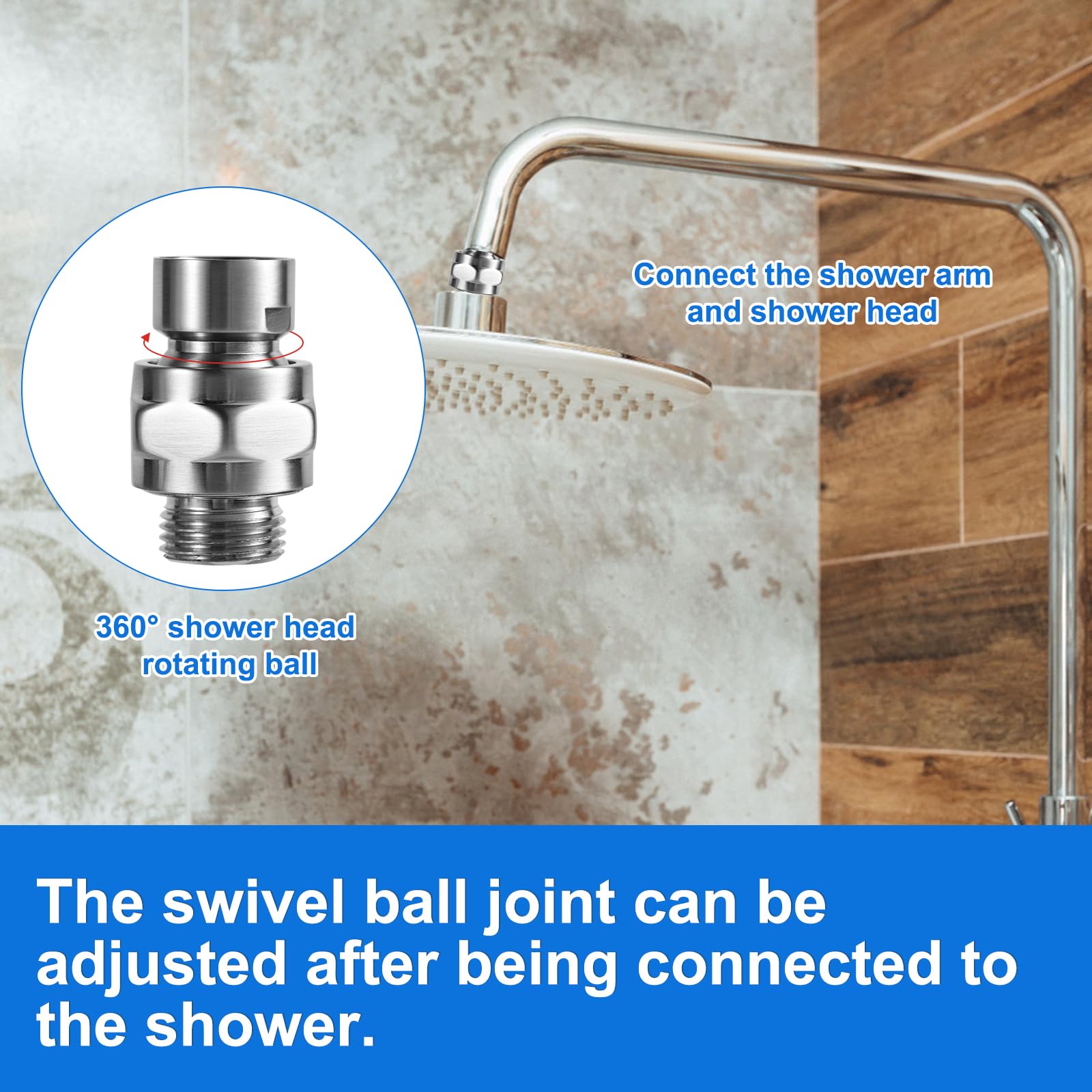 Sturdy Adjustable Swivel Shower Head Adapter - Thickened Ball Joint Shower Arm Extension Connector for Bathroom, Spa & RV Use
