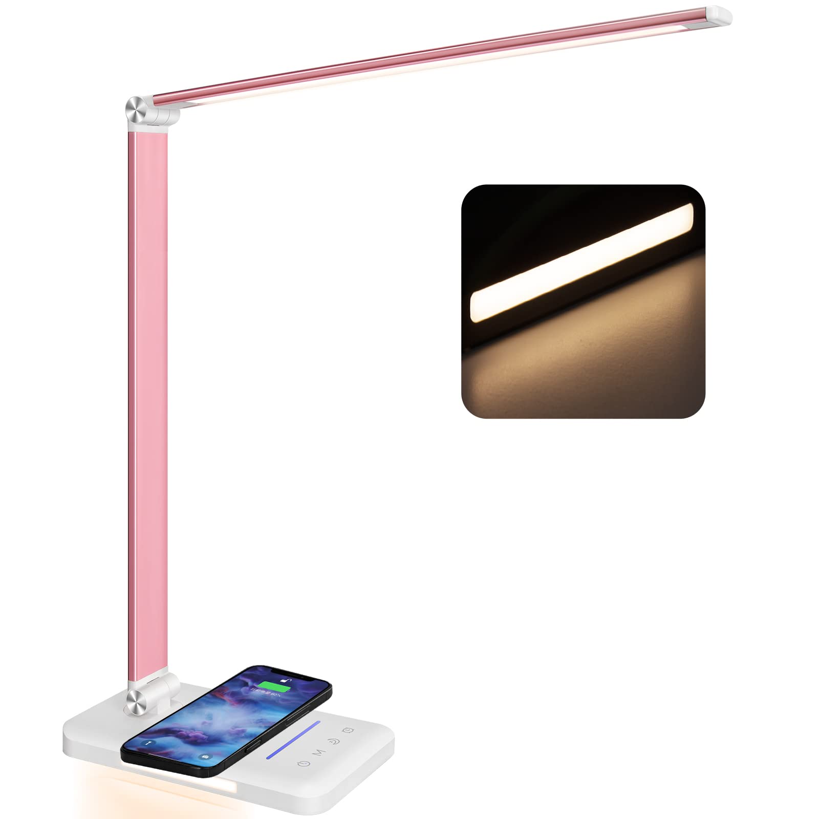 LED Desk Lamp with Night Light - Fast Wireless Charger & USB Port - 10 Brightness Levels & 5 Color Modes - Dimmable Touch Control Bedside Lamp with Auto Timer (1200 Lux) - Perfect for Home Office, Bedroom, Study & Reading