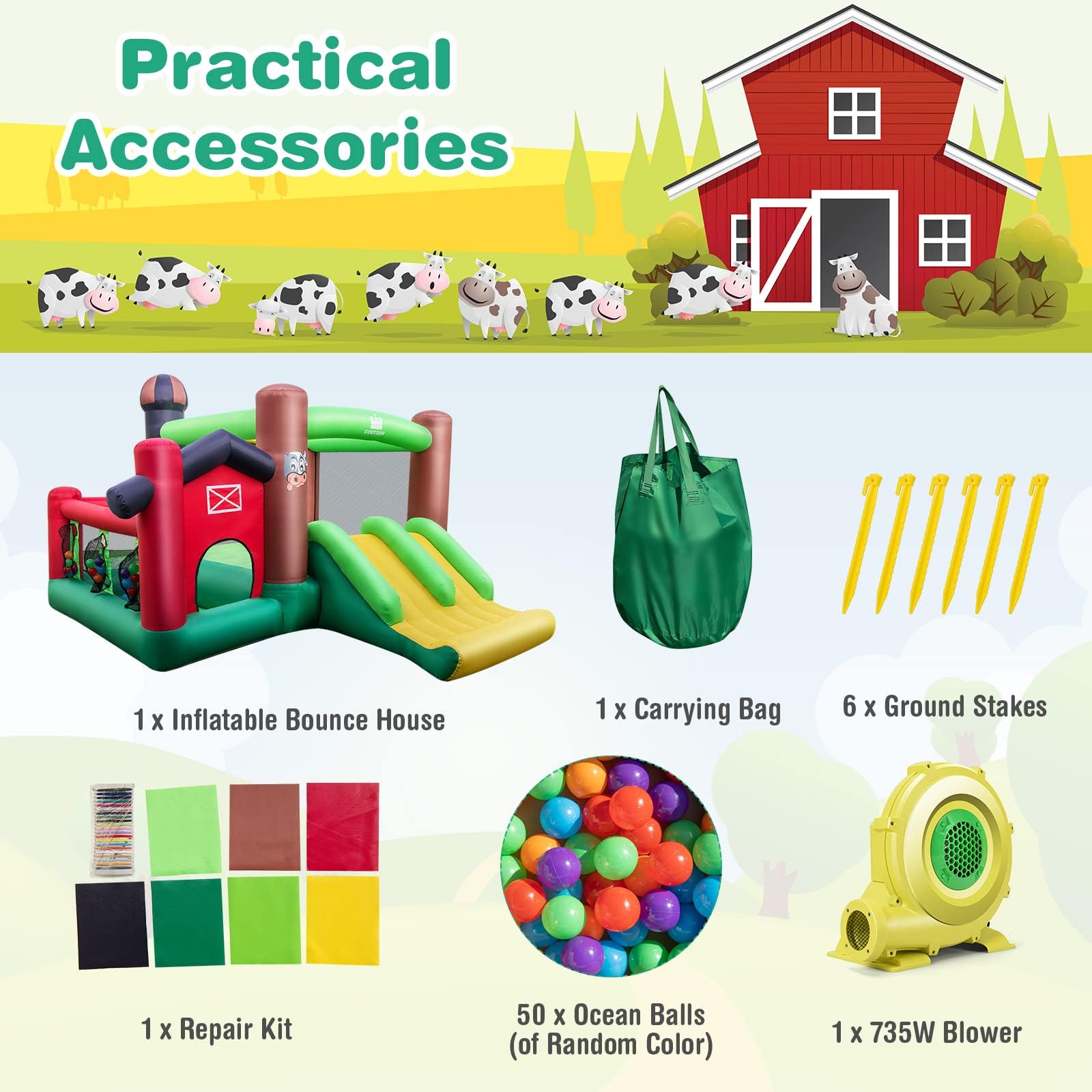 BOUNTECH Farm Themed Inflatable Bounce House with Dual Slides & Ball Pit - Toddler Kids Jumping Castle for Indoor Outdoor Backyard Birthday Parties, Summer Fun, and Family Gatherings - Includes Blower for Easy Setup (Great Gift for Boys & Girls)
