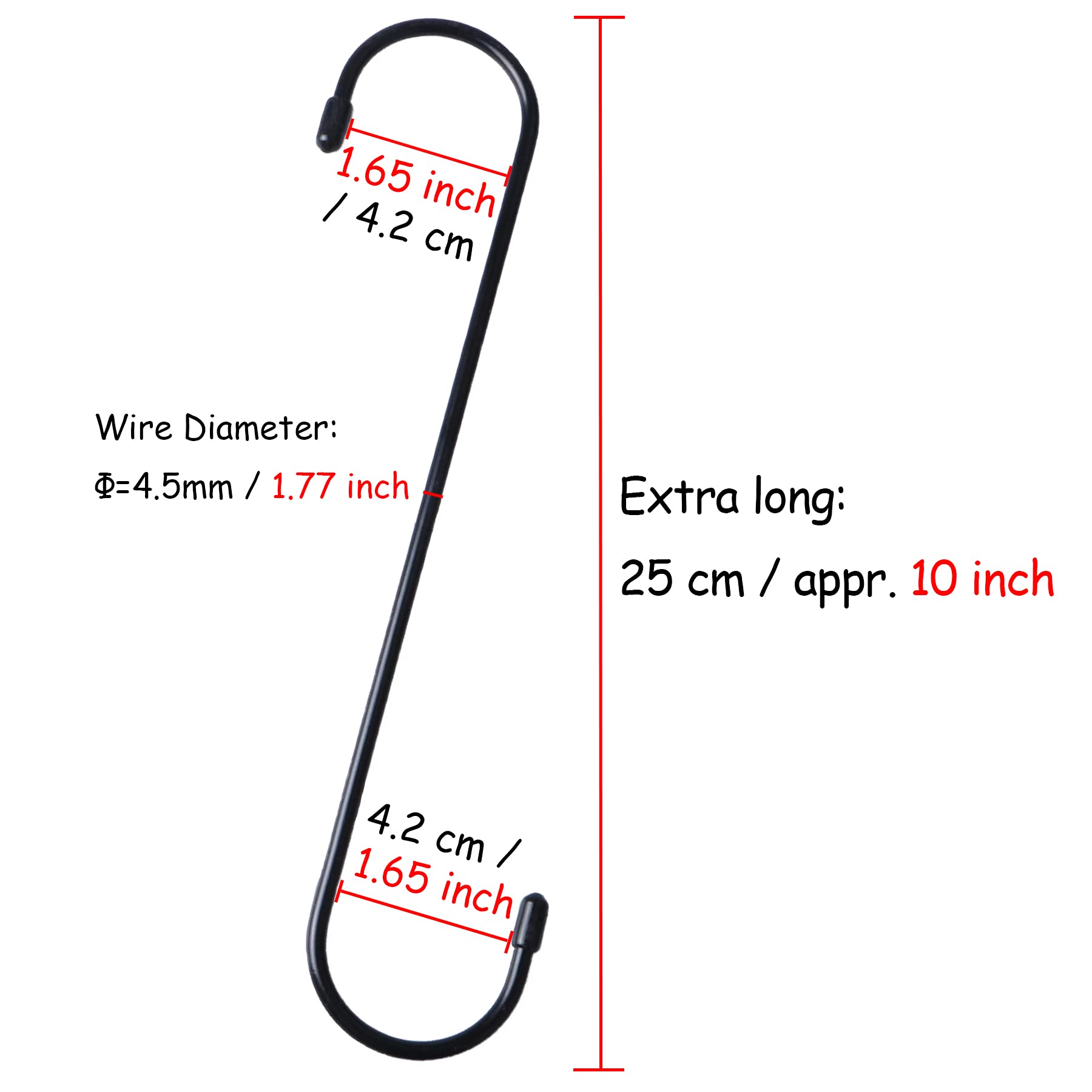 6 Pack 10 Inch Heavy Duty Extra Long S Hooks - Black Hanging Basket Hooks for Plants, Closet, Garden & Patio - Sturdy Extension Hooks for Bird Feeders, Flower Baskets & Home Organization
