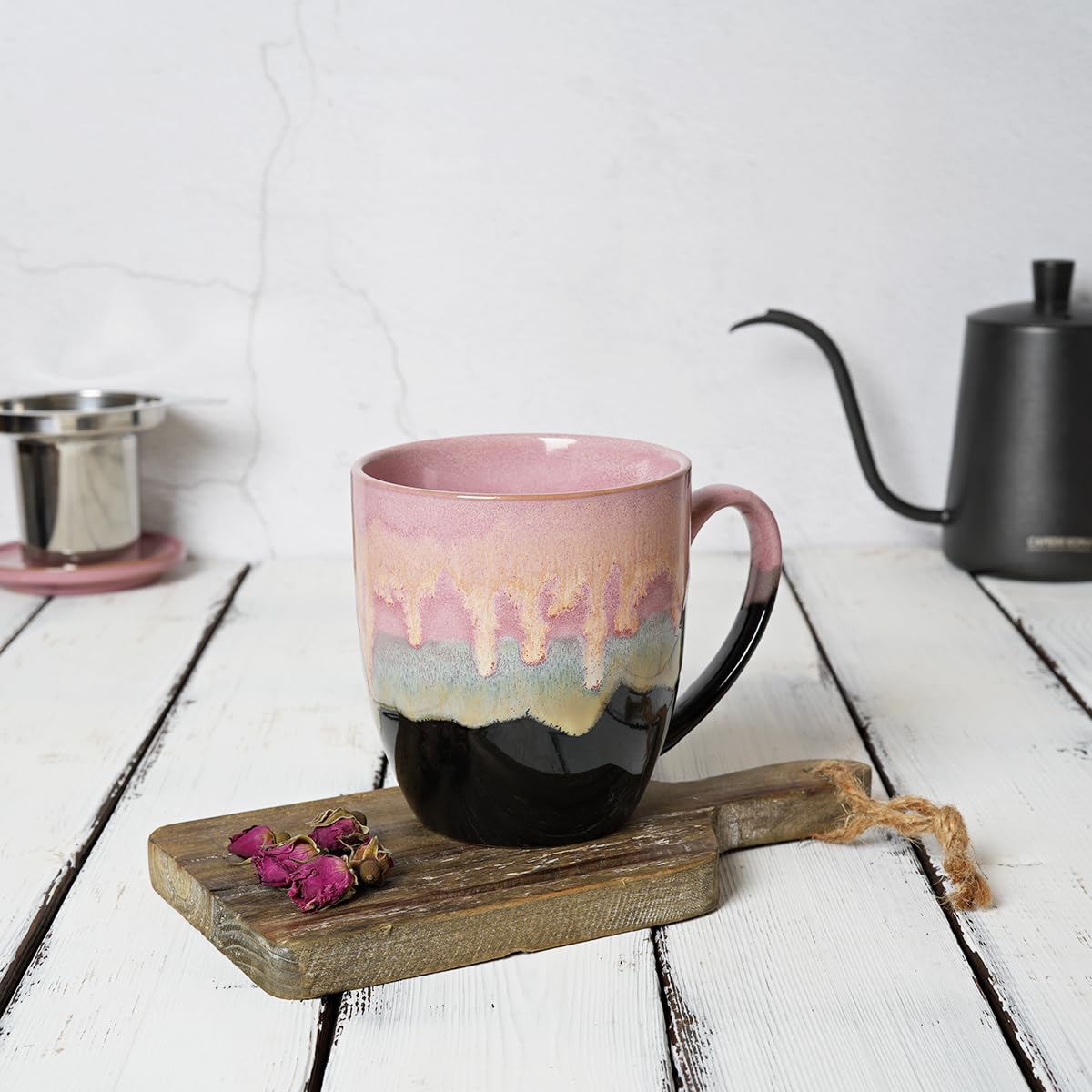 Bosmarlin 16 Oz Ceramic Tea Cup with Infuser, Lid & Strainer - Dishwasher & Microwave Safe Steeping Mug - 4 Colors (Pink) - Perfect for Loose Leaf Tea, Herbal Infusions & Office/Home Use