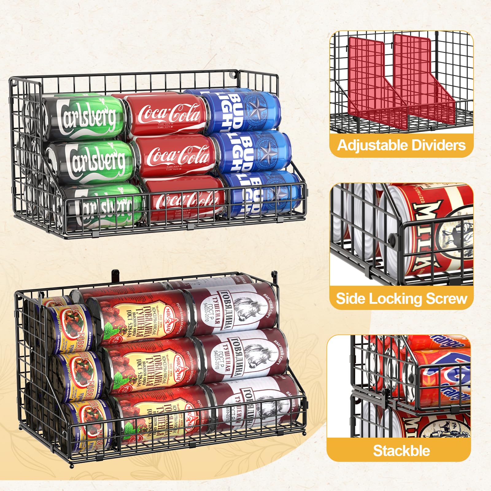 2-Tier Stackable Can Organizer for Pantry & Fridge - Adjustable Dividers Holds 42 Cans - Space-Saving Soda Can Storage Rack for Countertop, Kitchen & Refrigerator (2-Pack) - Perfect for Organizing Canned Goods, Beverages & Groceries in Home or Office