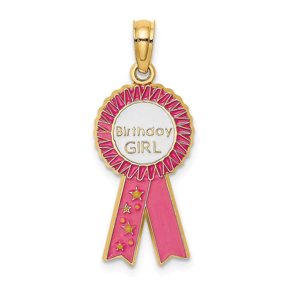14K Yellow Gold Enamel Birthday Girl Pink Ribbon Pendant Necklace - Elegant Jewelry Gift for Women, Girls, Birthday, Anniversary | Perfect for Parties, Special Occasions & Everyday Wear