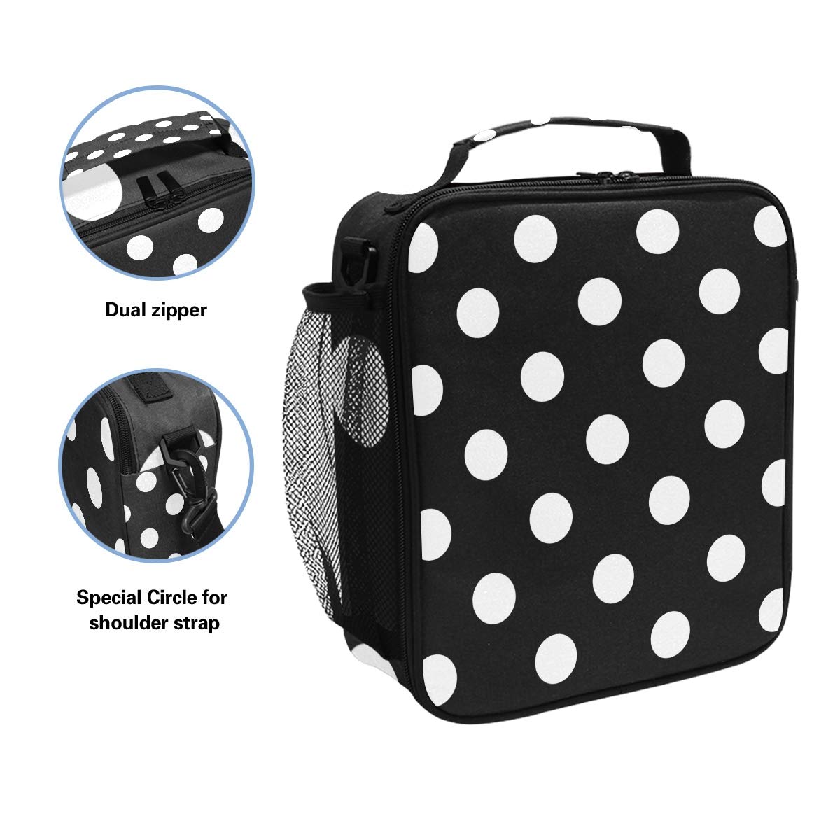 Insulated Lunch Box for Women & Kids - Large Polka Dot Black Lunch Bag with Shoulder Strap, Meal Prep Tote for Work, School & Picnics | Keeps Food Warm or Cold | Perfect for Office, College & Outdoor Activities