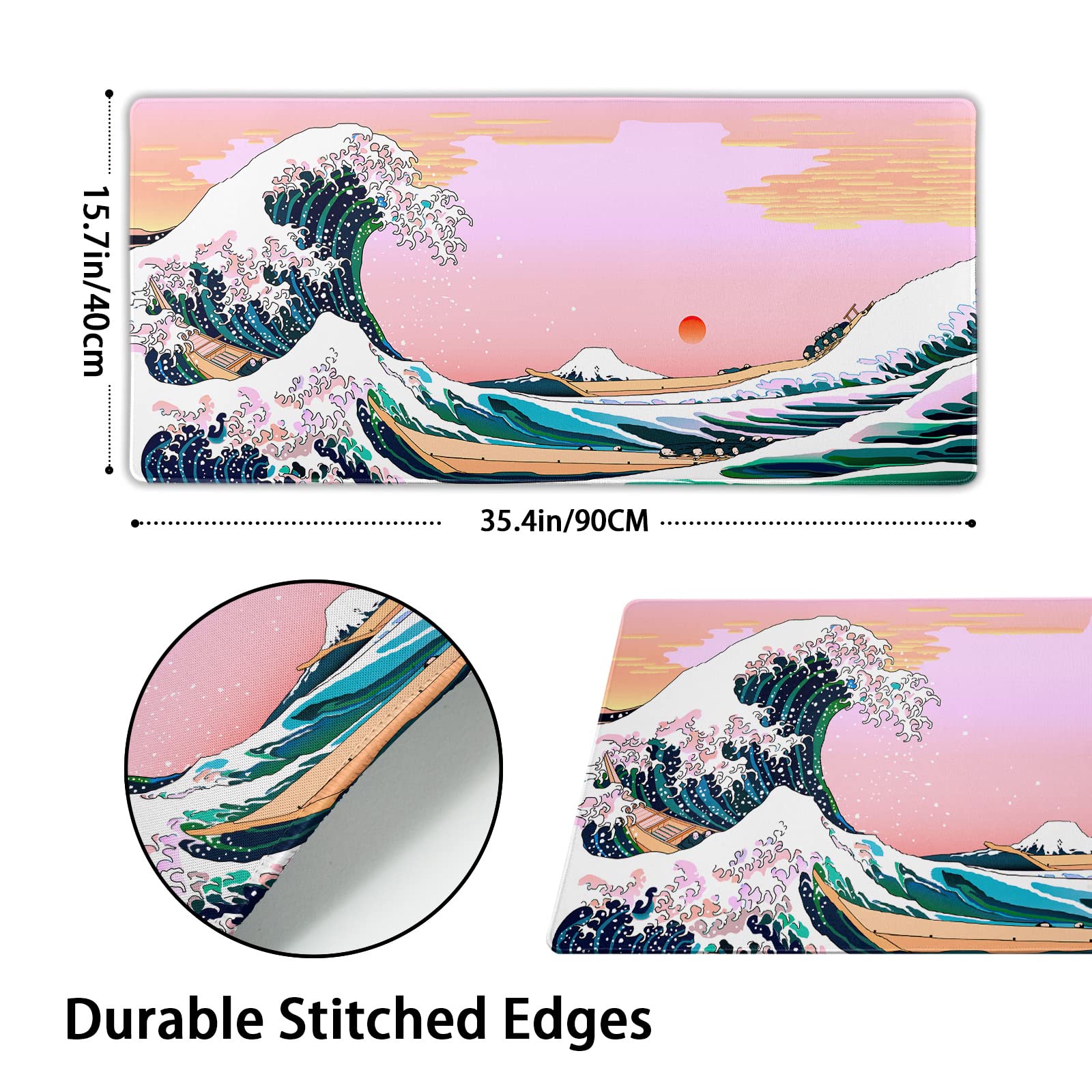 Kawaii Pink Japanese Wave Aesthetic Mouse Pad - Non-Slip Rubber Base XXL Extended Desk Mat (90x40cm/35.4x15.7in) for Gaming, Office & Computer Use - Perfect for Laptop, Keyboard & Desktop Workspace Decor