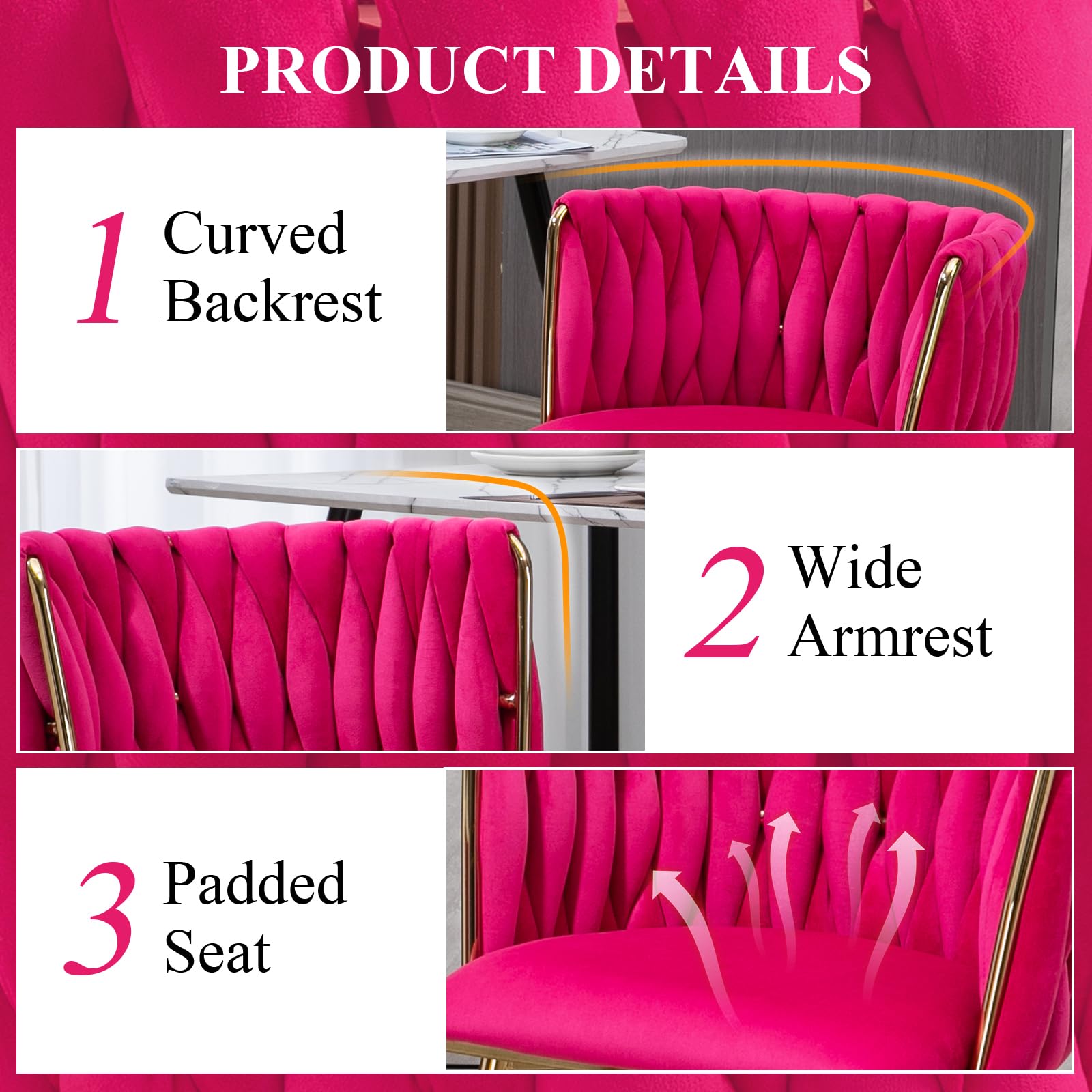 NIOIIKIT Modern Velvet Dining Chairs Set of 2 - Handwoven Upholstered Accent Chairs with Golden Metal Legs for Living Room, Dining Room, Kitchen & Vanity - Soft Rosered Velvet for Elegant Home Decor & Entertaining