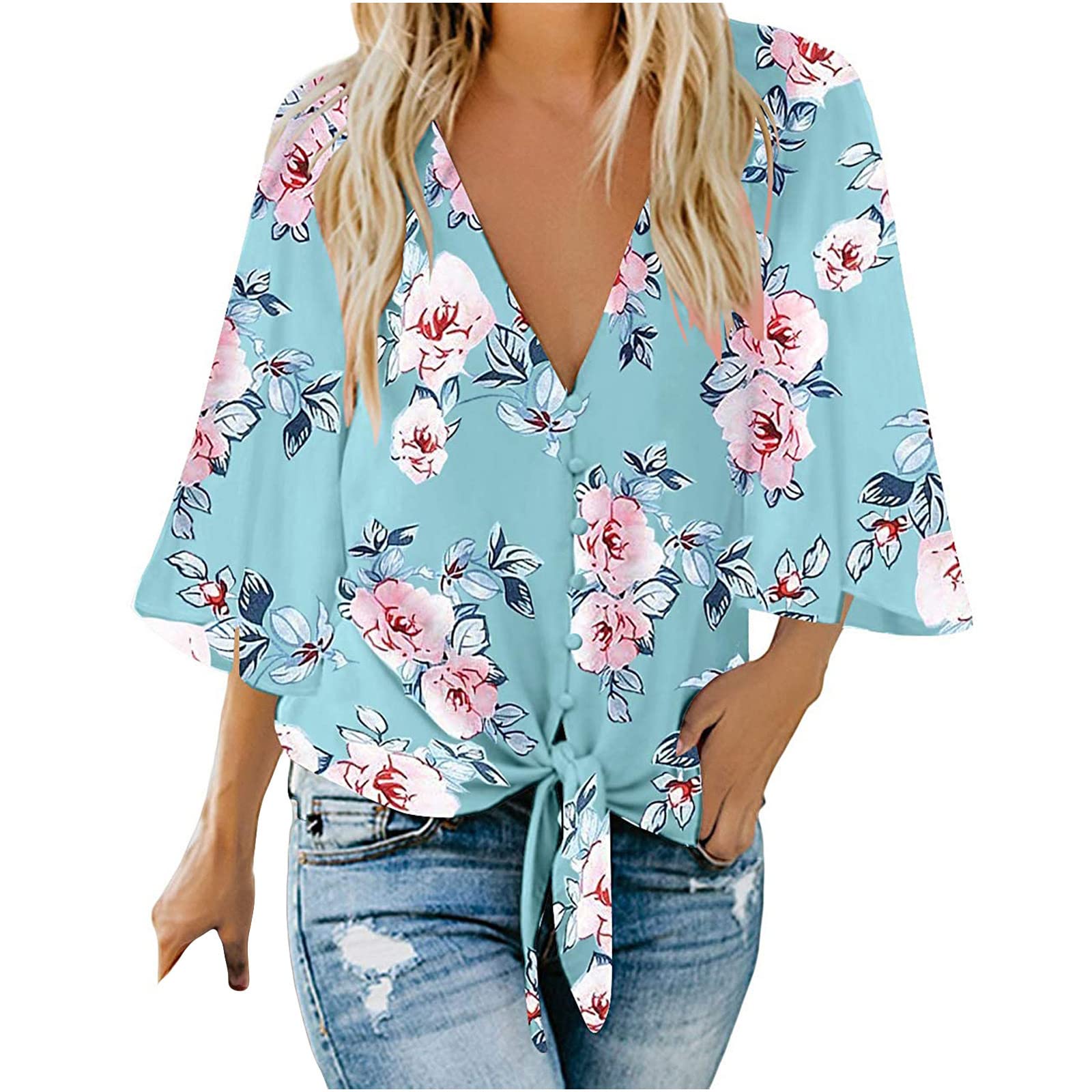 Women's Casual V-Neck Bell Sleeve Henley Shirts - Trendy 3/4 Sleeve Loose Blouse Tunic Tops for Going Out, Beach & Vacation Wear - Sexy Hawaiian Style Summer Fashion