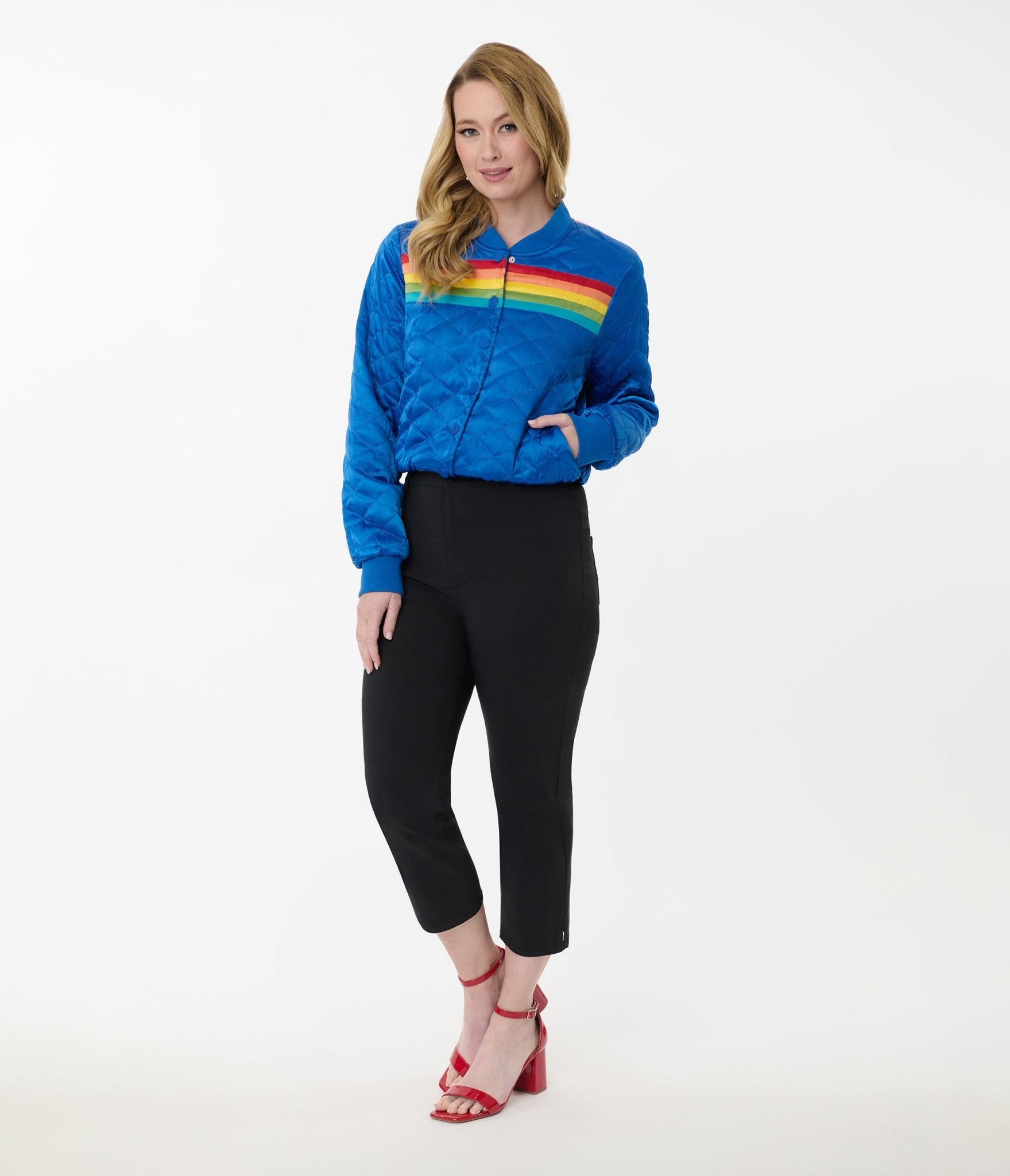 Unique Vintage Black & Rainbow Rachelle Capri Pants - Retro High Waisted Women's Casual Pants for Summer Outfits & Festival Fashion