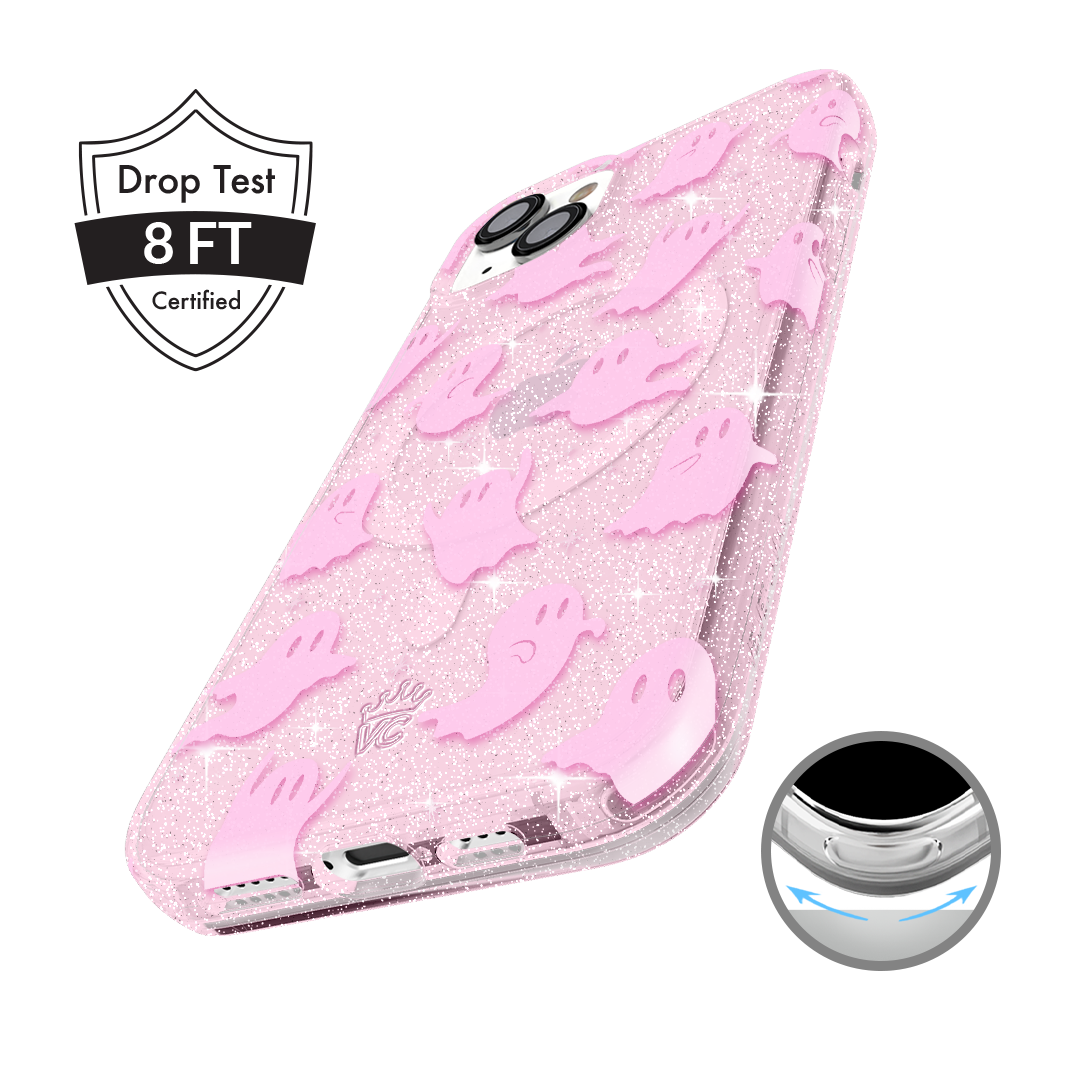 Pink Glitter iPhone Case with Ghosted Design - Trendy Protective Cover for iPhone 13/14/15 - Perfect for Parties, Everyday Use & Gift Giving
