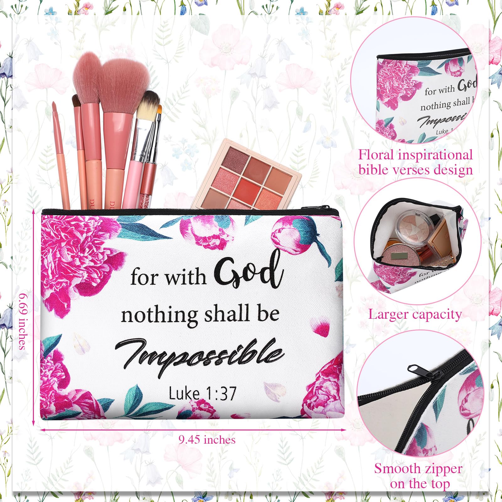 24 Pack Christian Makeup Bags with Bible Verses - Inspirational Canvas Cosmetic & Toiletry Pouches with Zipper for Women - Floral Design for Organizing Cosmetics, Stationery, Travel Essentials (Perfect for Church, Bible Study & Daily Use)