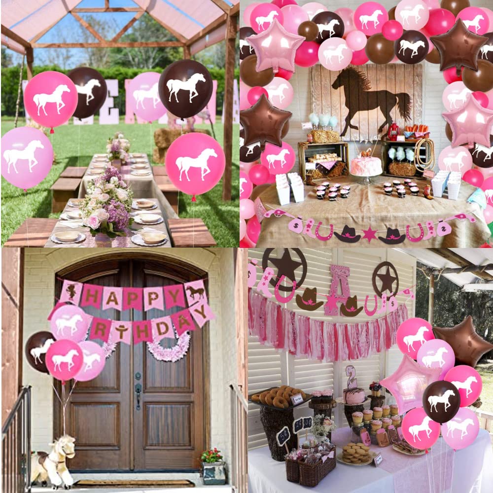 Western Cowgirl Party Decorations Set - Horse Birthday Supplies with Garland, Pink Balloons & Happy Birthday Banner for Western Theme Parties, Baby Showers & Cowgirl-Themed Events