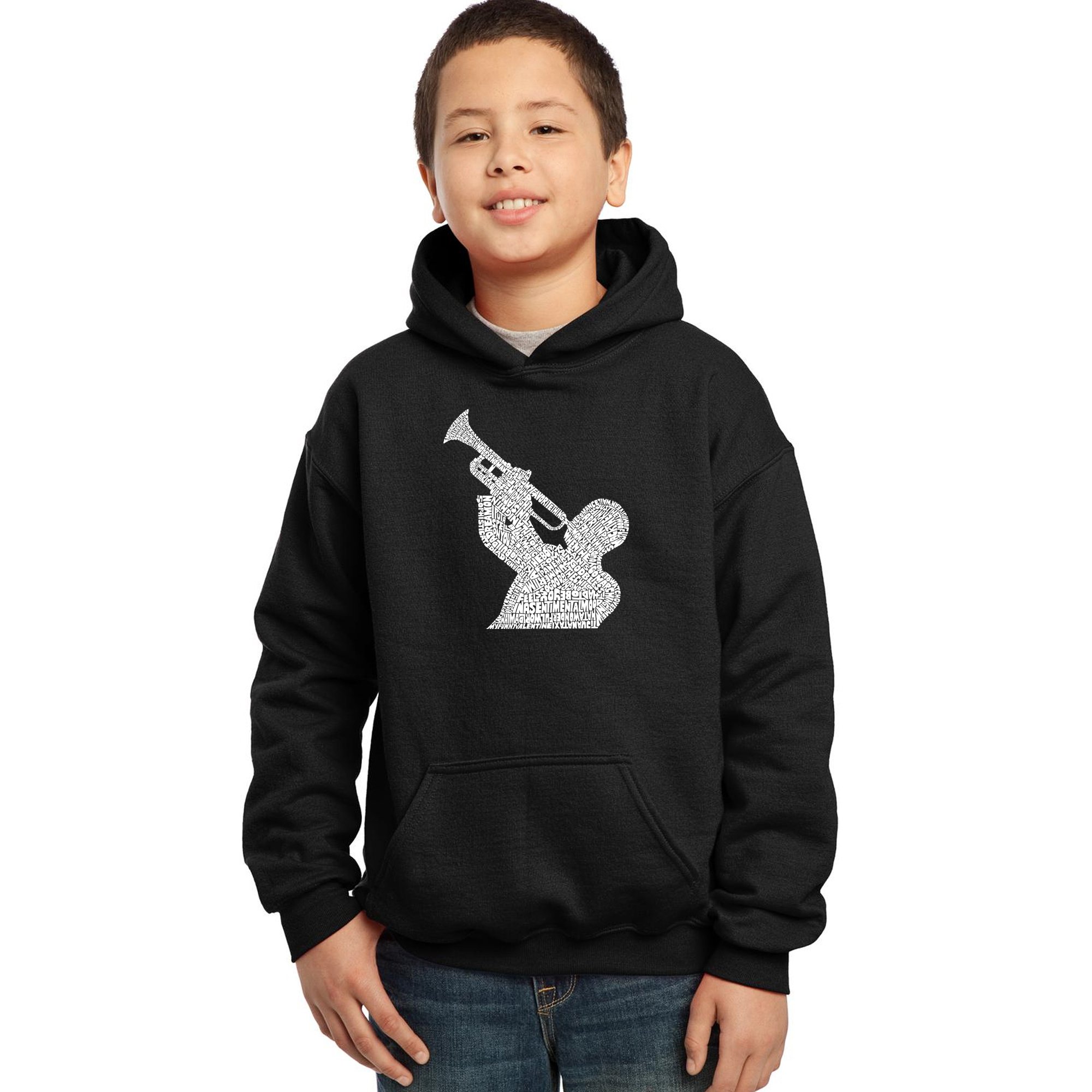 LA POP ART Boys' Word Art Hooded Sweatshirt - Vintage Jazz Music Inspired Pullover Hoodie for Teens | Cool Graphic Streetwear for Concerts & Music Lovers