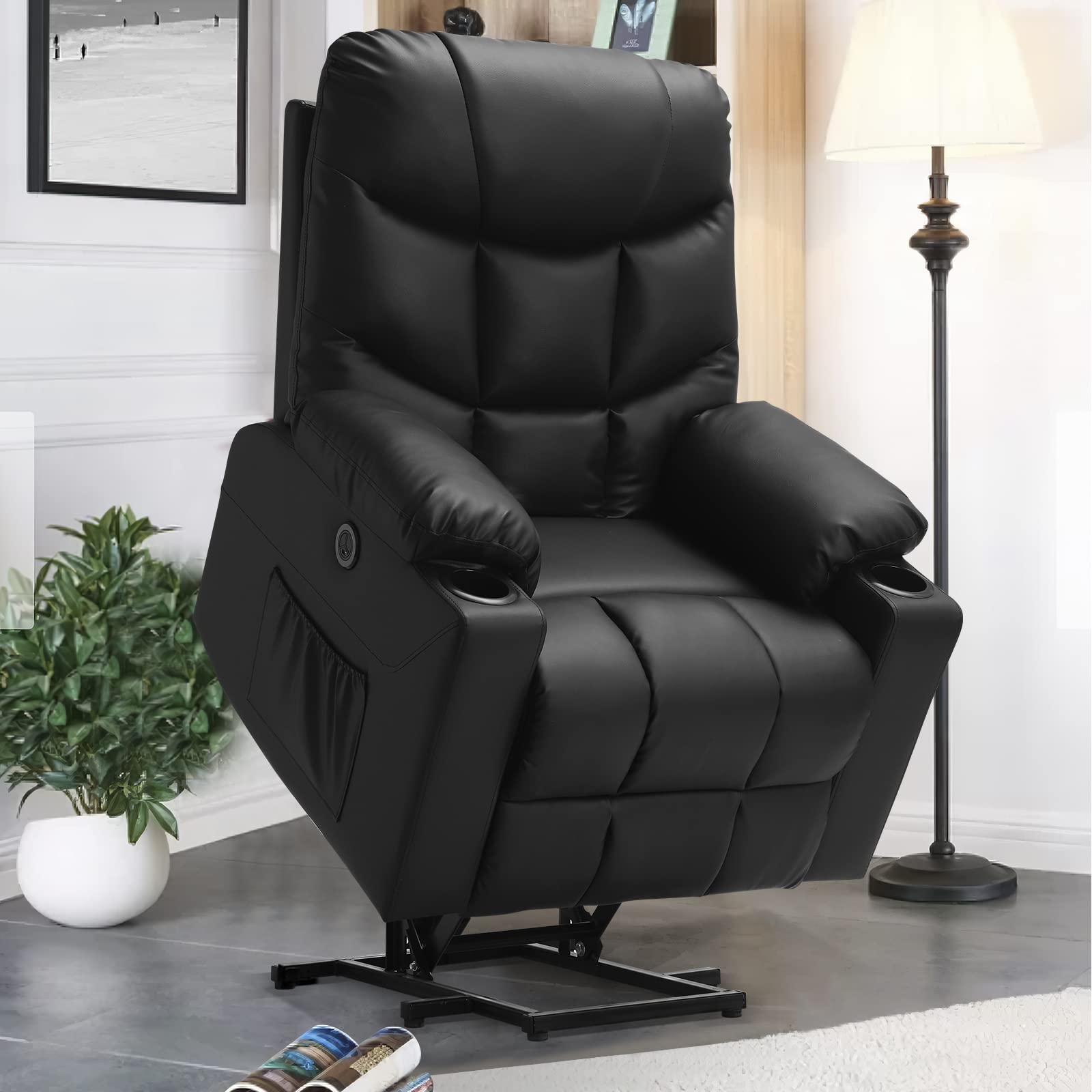 Electric Power Lift Recliner Chair for Elderly - PU Leather Massage Recliner with Heating, 3-Position Adjustable, Side Pockets & Cup Holders, USB Charging Ports & Remote Control - Perfect for Living Room, Home Theater & Senior Comfort