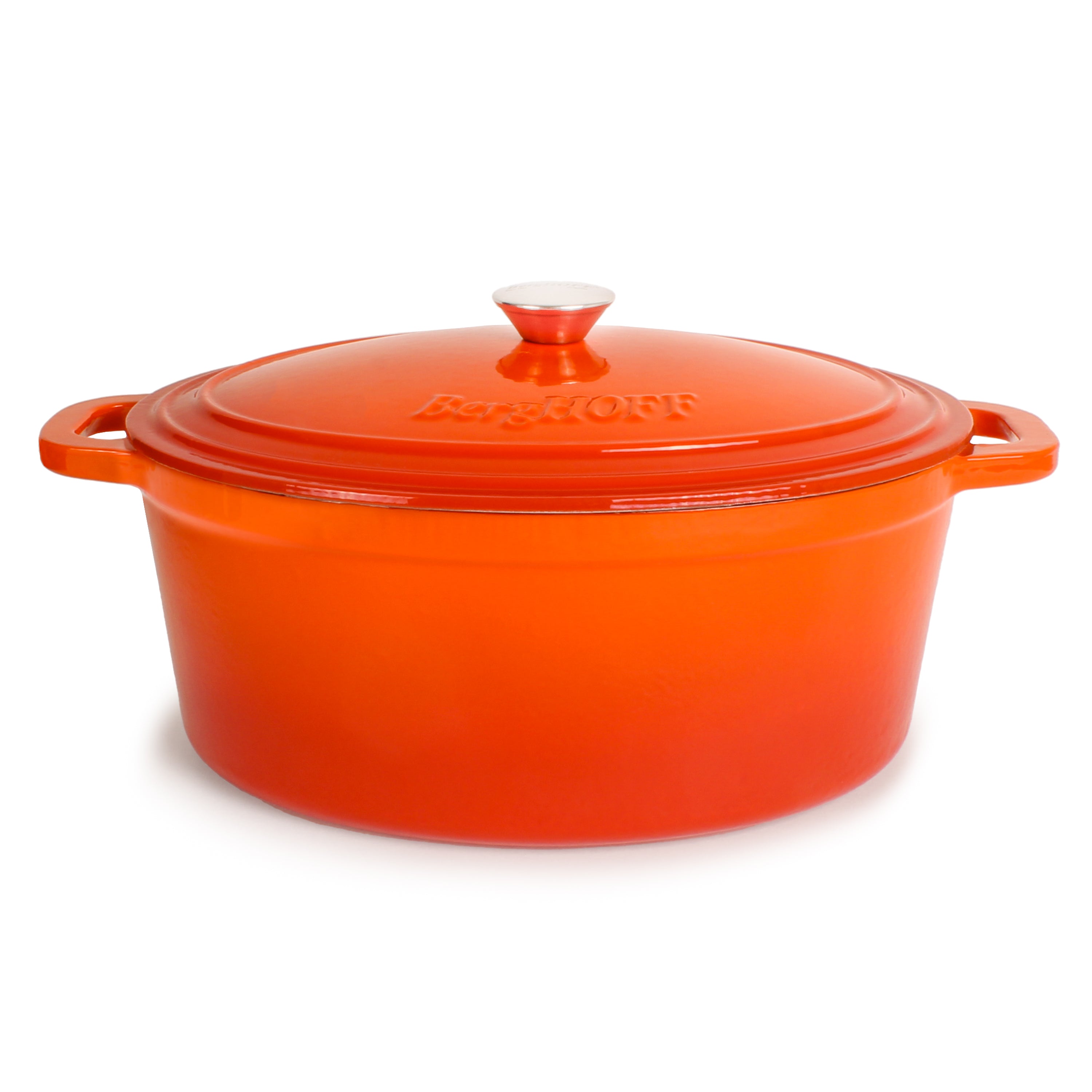 BergHOFF Neo Cast Iron 8qt Oval Dutch Oven with Lid - 13 Inch Enameled Cookware for Braising, Stewing & Baking - Orange Dutch Oven Perfect for Stovetop, Oven & Camping Cooking