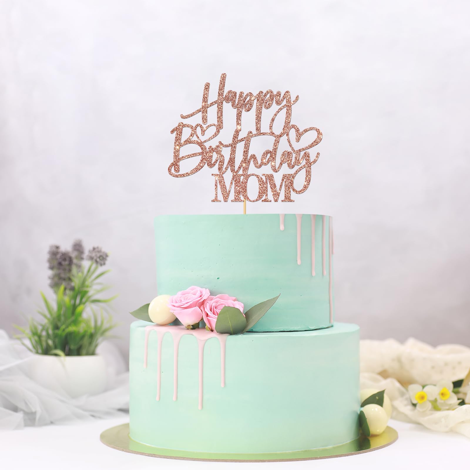 Happy Birthday Mom Cake Topper - Rose Gold Glitter Mother's Birthday Party Decorations - Women's Birthday Party Supplies - Perfect for Mother's Day, Anniversary & Special Celebrations