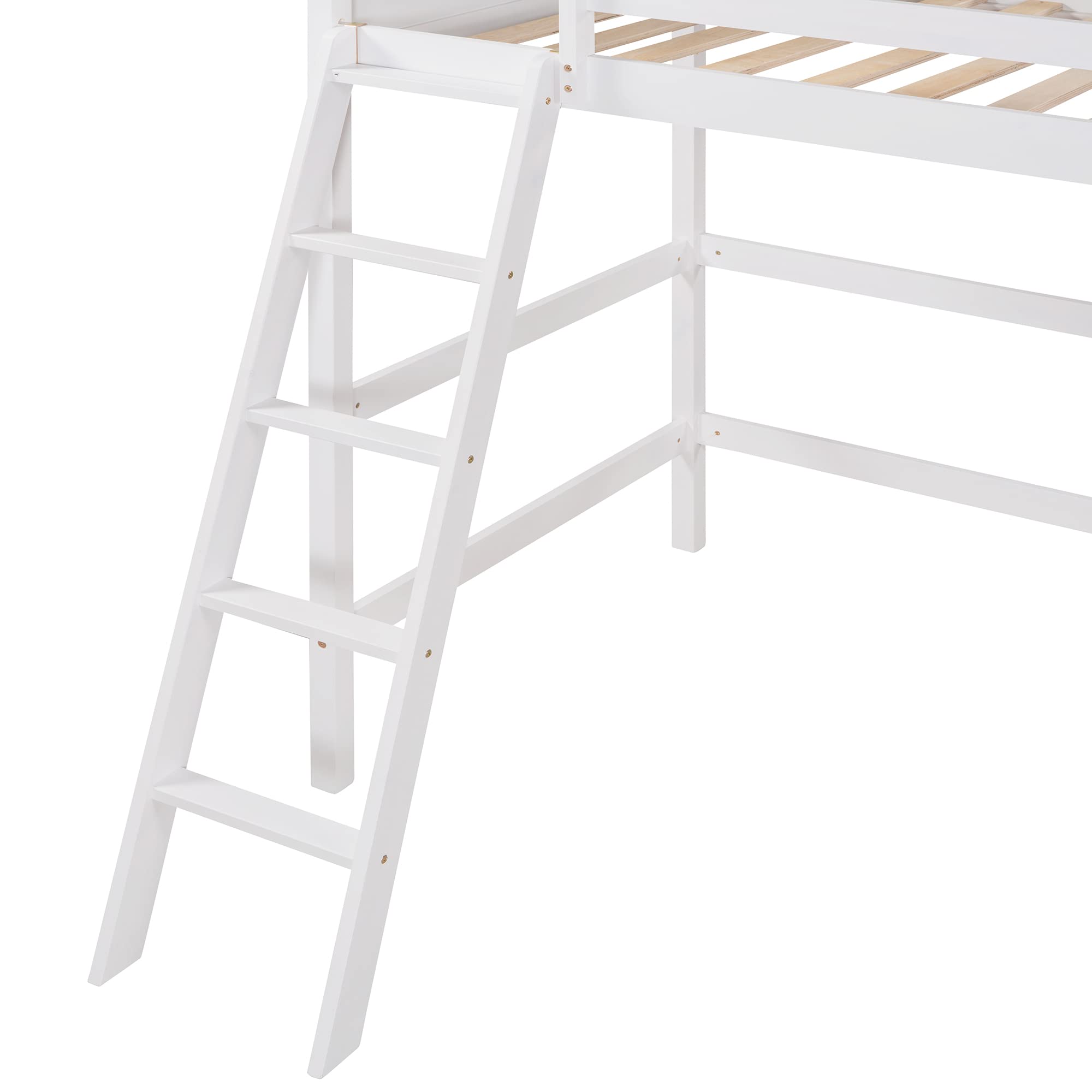 Merax Twin Size Loft Bed with Ladder & Storage Space - Solid Wood Bunk Bed with Safety Guardrail - No Box Spring Required - White - Perfect for Kids Rooms, Small Apartments & Dorm Rooms
