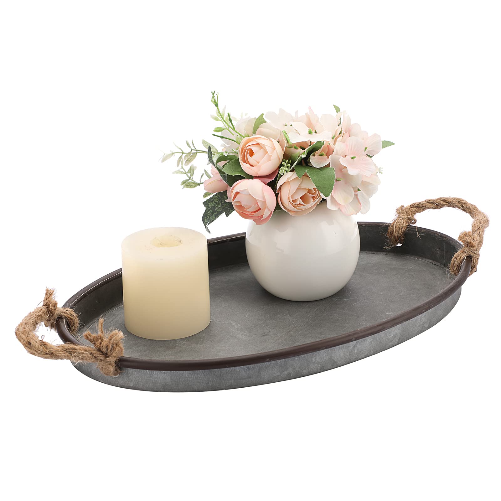 Galvanized Metal Oval Serving Tray with Rope Handle - Rustic Farmhouse Decor for Coffee Table, Weddings & Parties - Large Industrial Centerpiece for Home, Kitchen & Event Decorations