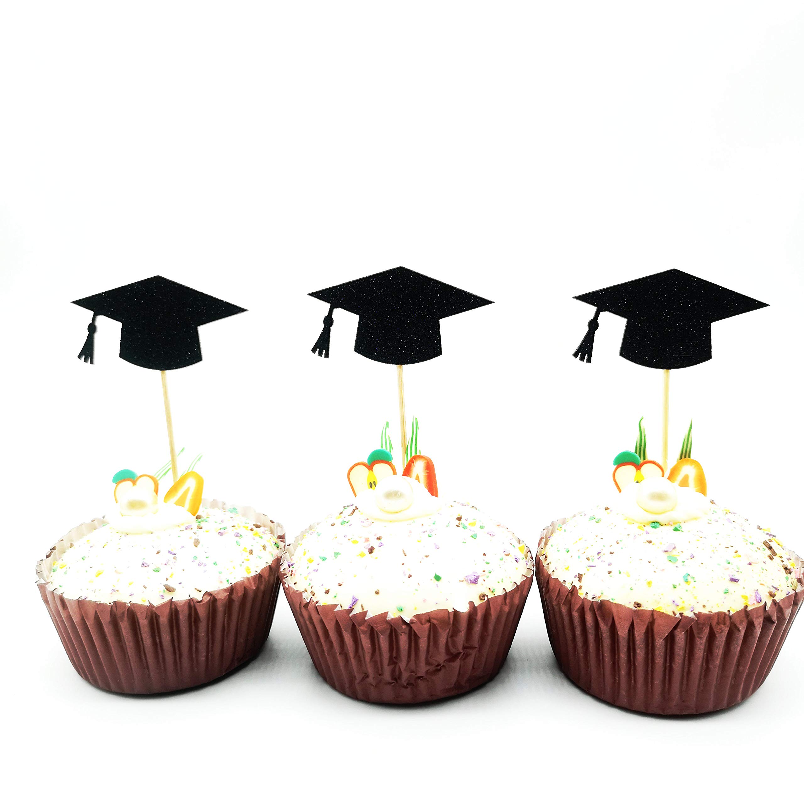 Double-Sided Black Graduation Cap Cupcake Toppers - Set of 20 for Graduation Party Decorations, Commencement Celebrations & School Themed Desserts