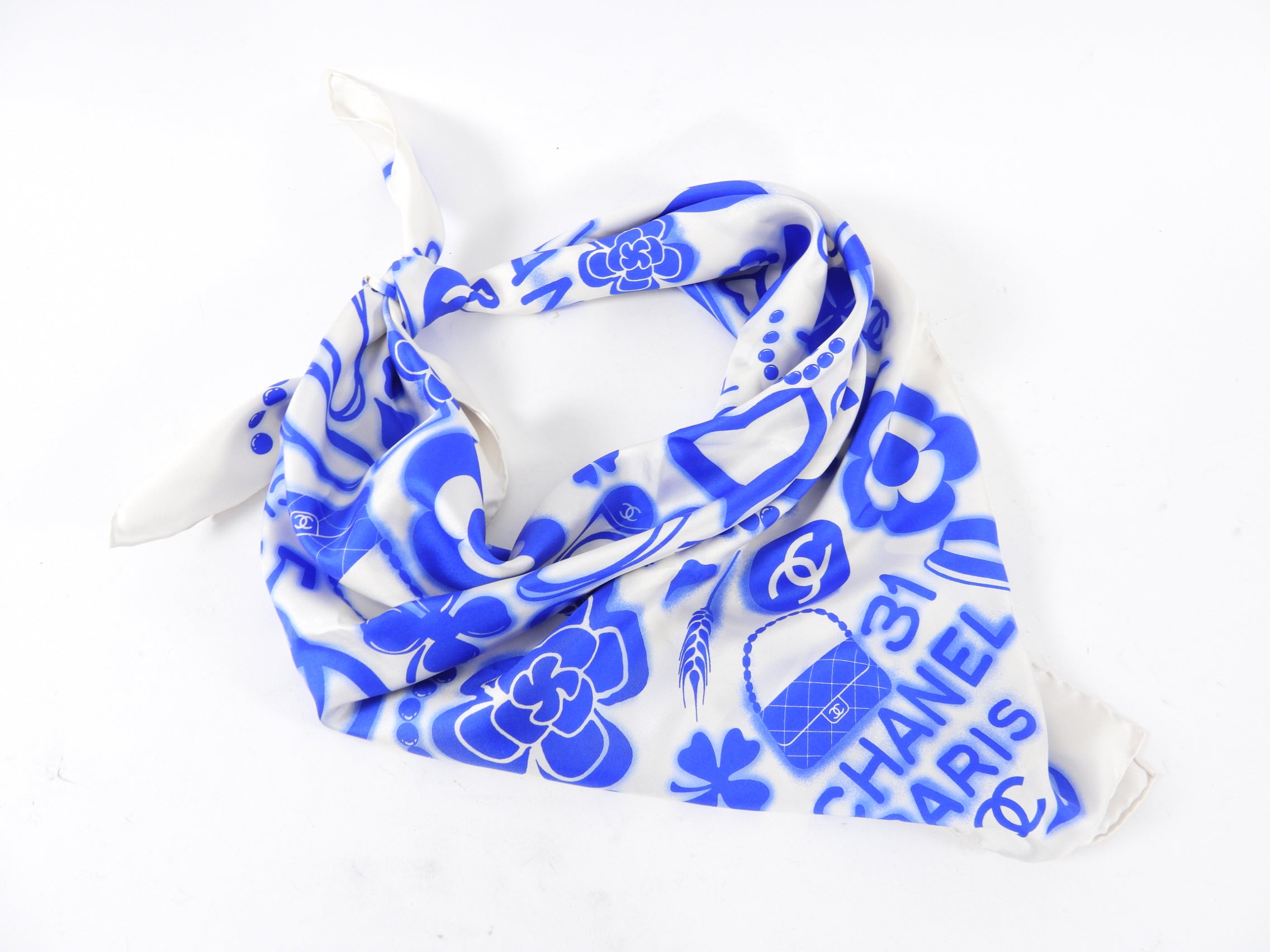 Chanel Blue and White CC Logo Silk Scarf 90cm - Luxury Fashion Accessory for Women, Perfect for Gifts & Elegant Outfits