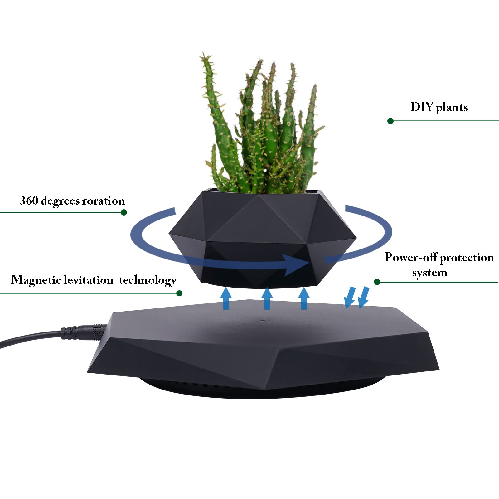 Magnetic Levitating Plant Pot for Air Plants - Floating Rotating Bonsai Planter for Office & Home Decor, Black | Perfect for Desk, Living Room & Gift Ideas
