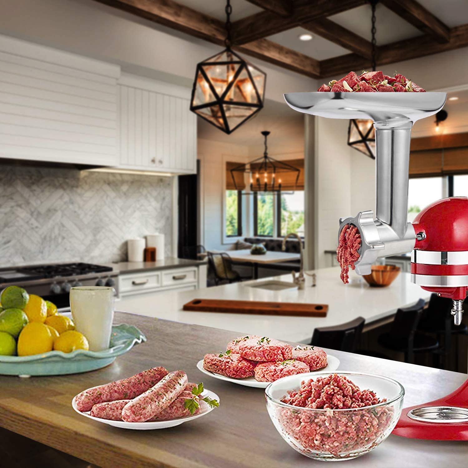 KitchenAid Stand Mixer Meat Grinder Attachment - Heavy Duty Metal Food Grinder with 2 Sausage Stuffer Tubes | Perfect for Homemade Burgers, Sausages & Ground Meat | Kitchood Silver Kitchen Accessory