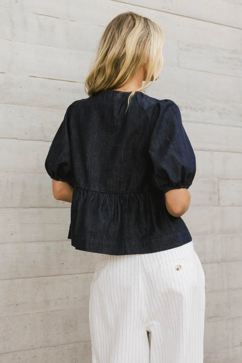 Stylish Natalia Peplum Tie Blouse in Dark Wash - Women's Fashion Top for Work & Evening Out | FINAL SALE