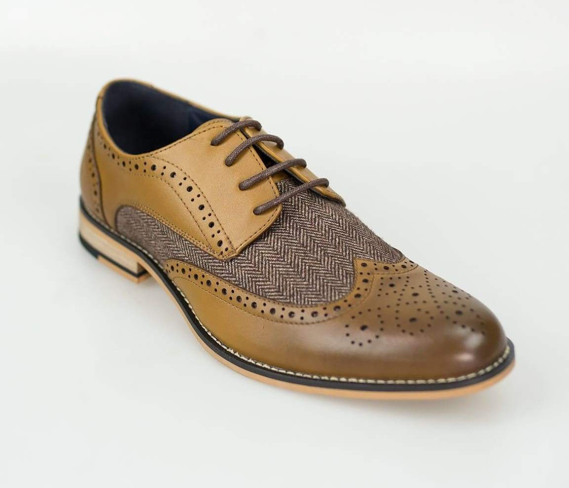 Horatio Tan Men's Tweed Brogue Shoes - Classic Oxford Style for Formal & Casual Wear - Perfect for Weddings, Office & Everyday Outfits