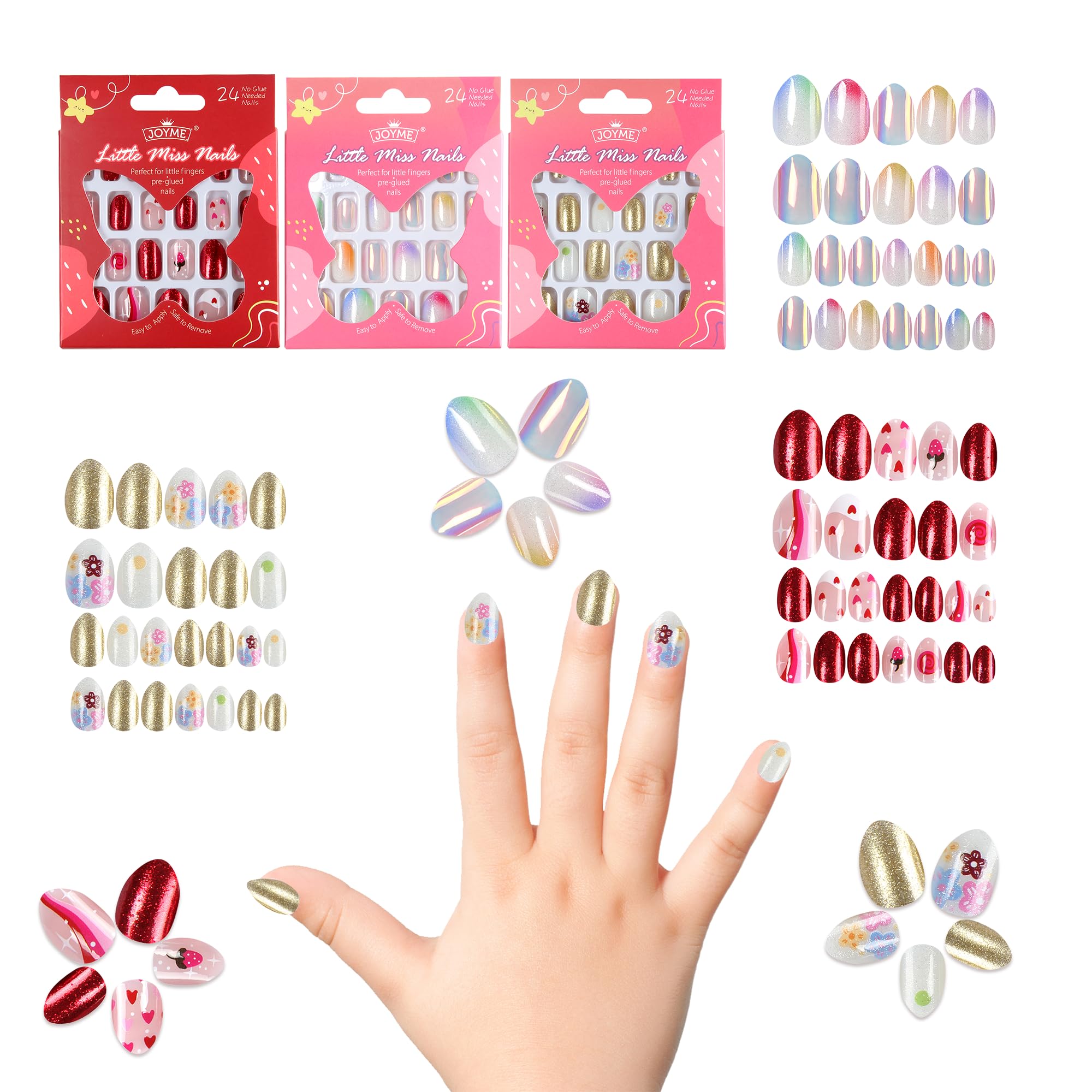 72PCS Press on Nails for Kids - 3 Pack Short Fake Nails with Adhesive | Cute Shell Strawberry Flower Design | Safe Non-Toxic Nail Art for Girls | Perfect for Birthday Parties, Playdates & Dress-Up