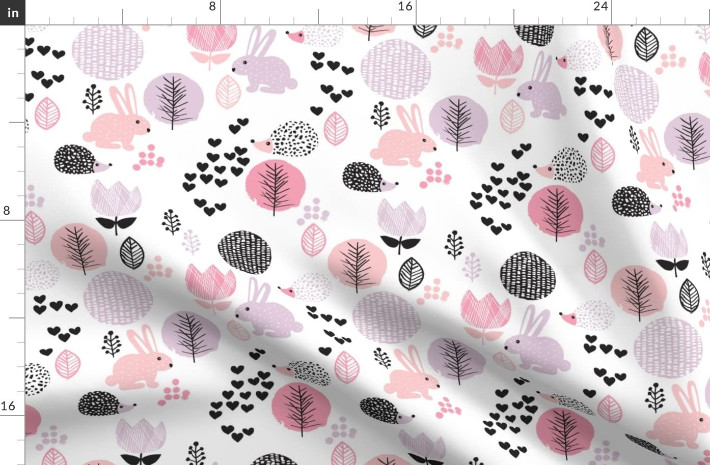 Cute Spring Animals Hedgehog Bunny Garden Easter Flowers Printed Denim Fabric - Fat Quarter for Apparel, Home Decor & Upholstery | Perfect for DIY Crafts, Quilting, and Sewing Projects