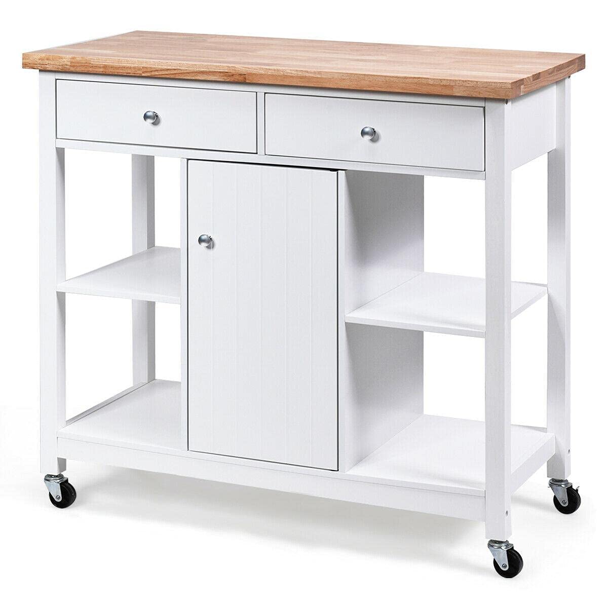 StateOJ Kitchen Bar Storage Serving Cart with Drawers & Wine Rack - White Rolling Kitchen Island Table with Wheels, Foldable Hotel Furniture for Home, Restaurant, or Office Use
