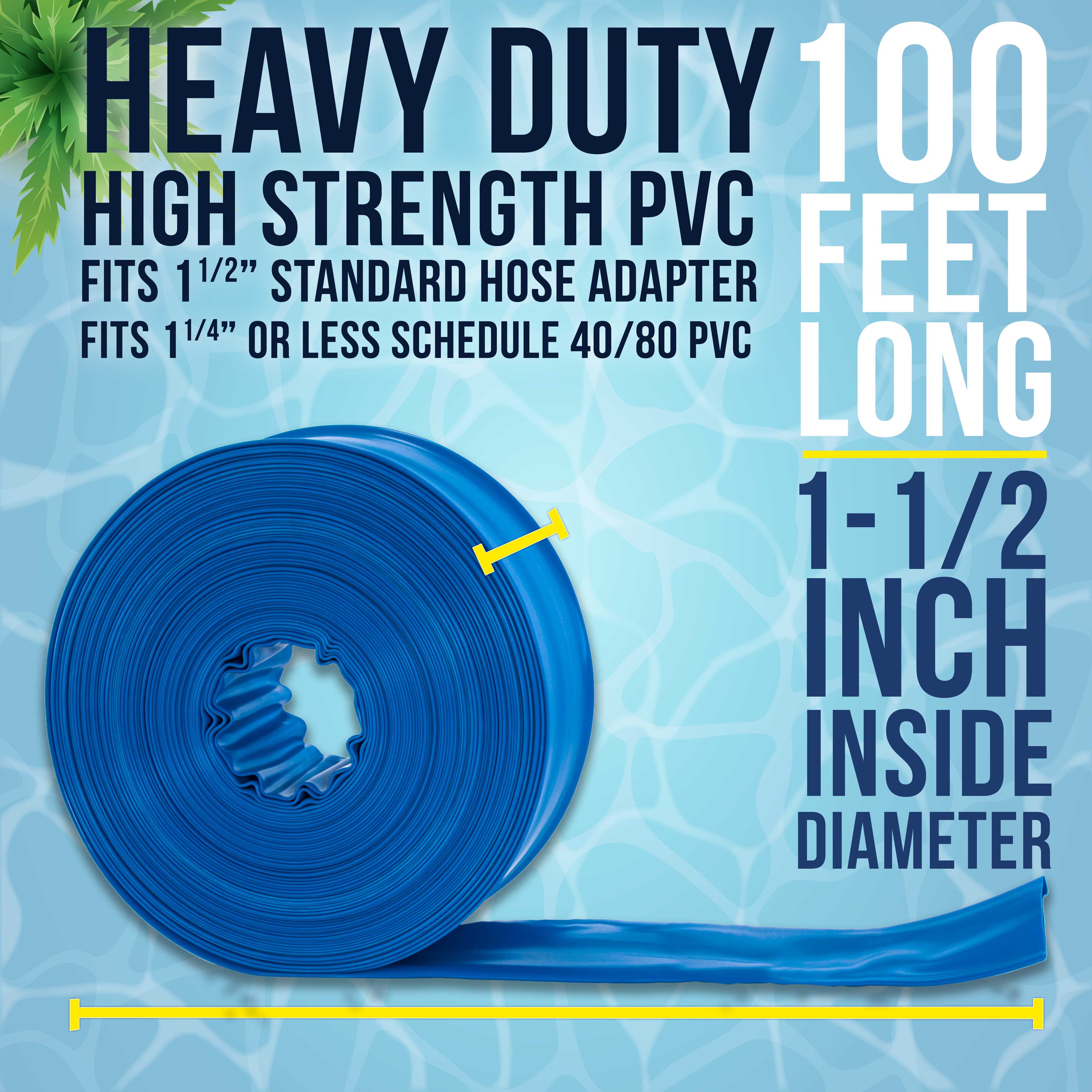 U.S. Pool Supply® 1.5 Inch x 100 Foot Heavy Duty Blue Swimming Pool Backwash Hose with Hose Clamp - Durable Pool Maintenance Hose for Efficient Water Drainage and Backwashing