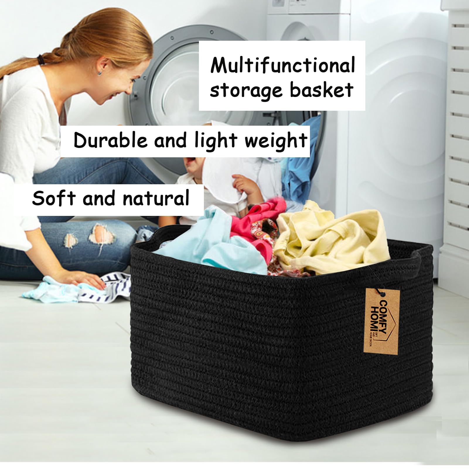 COMFY HOMI Woven Storage Baskets - Cotton Rope Organizer Bin for Shelves, Toys & Towels | Space-Saving Home Organization Solution for Bedroom, Bathroom & Living Room | All Black Decorative Storage Cube Gift