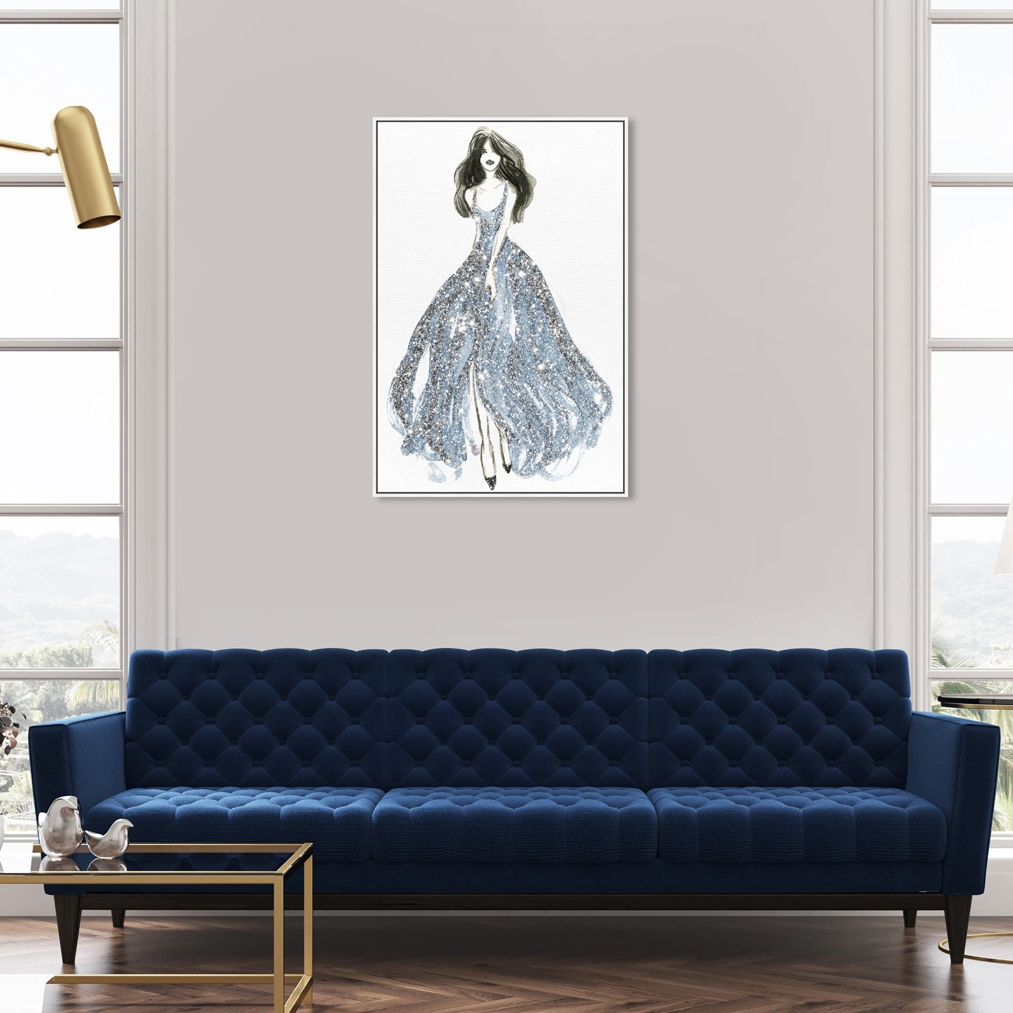Oliver Gal Artist Co. Fashion Glam Wall Art Canvas Print - Elegant Blue Dress Spring Home Decor - 24x36 Inch White Framed Artwork for Living Room, Bedroom & Office Decor