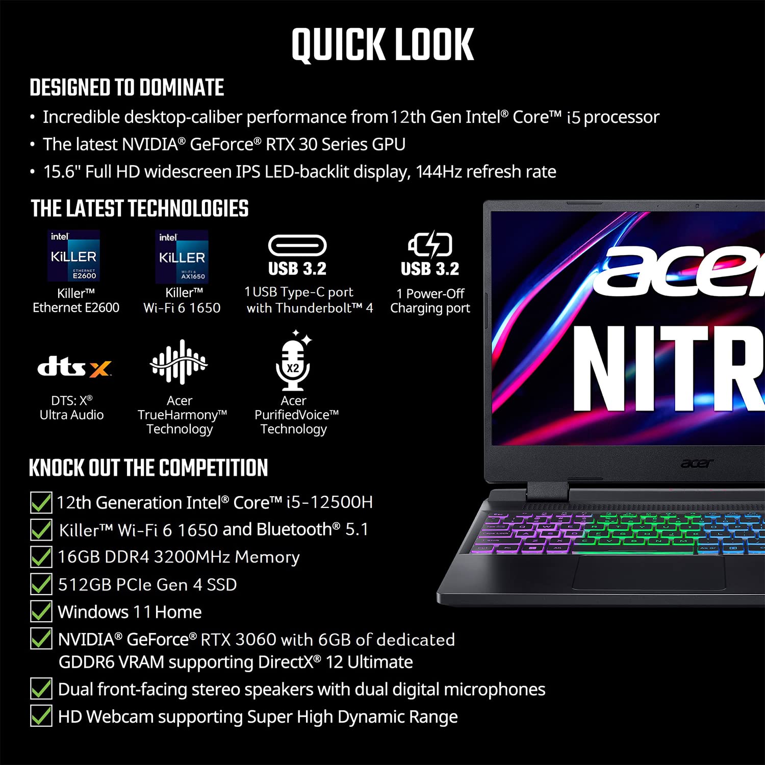 Acer Nitro 5 AN515-58-527S Gaming Laptop - Intel Core i5-12500H, NVIDIA RTX 3060, 15.6