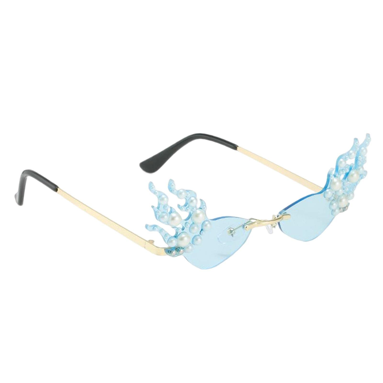 Harilla Flame Rimless Sunglasses with Pearl Decor - Anti-Glare, Impact-Resistant Cosplay Eyewear for Halloween Parties & Outdoor Activities - Blue