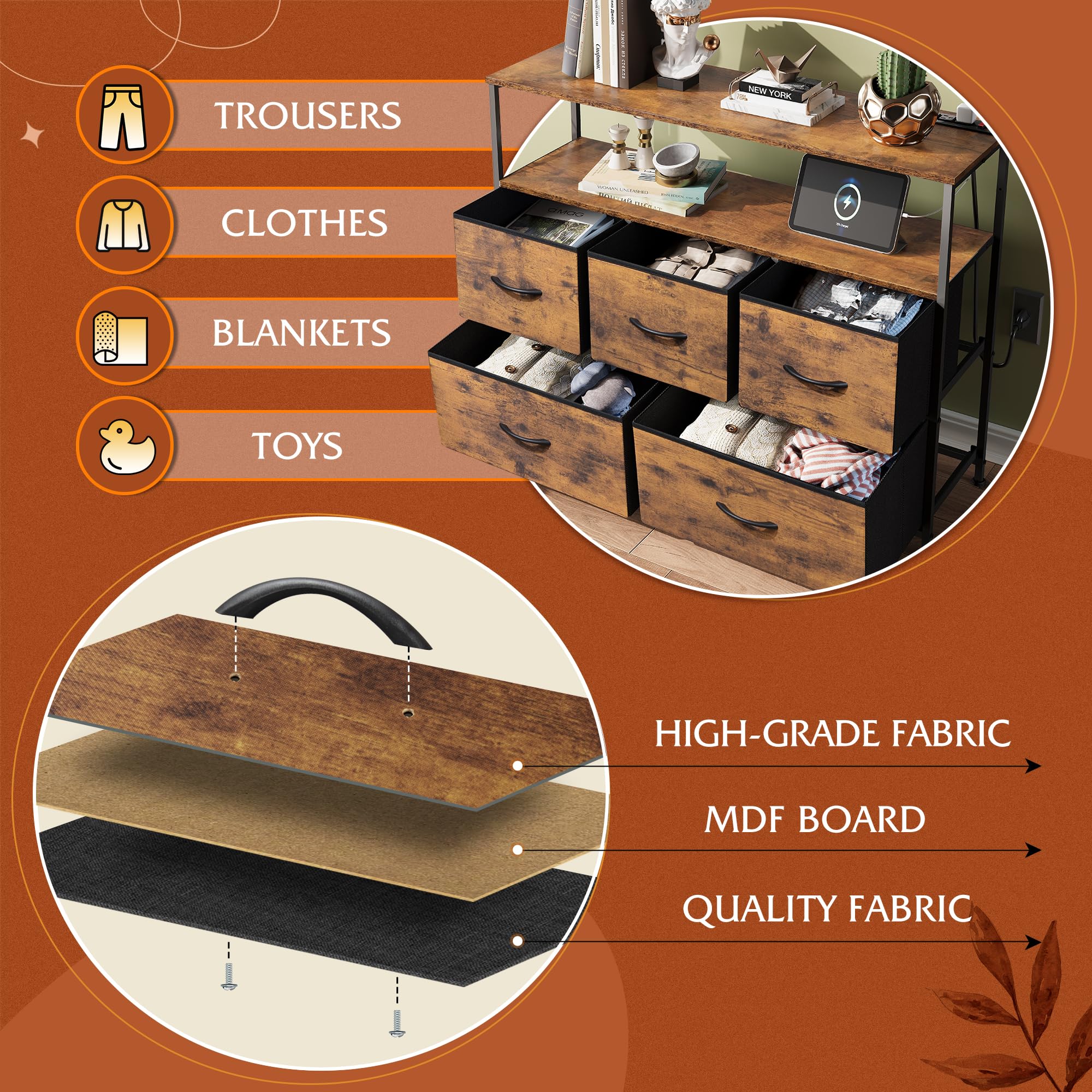 5-Drawer Fabric Dresser with Charging Station & Open Shelves - Rustic Brown Wood Grain Storage Chest for Bedroom, Living Room, Closet & Entryway | Perfect for Organizing Clothes, Accessories & Home Decor