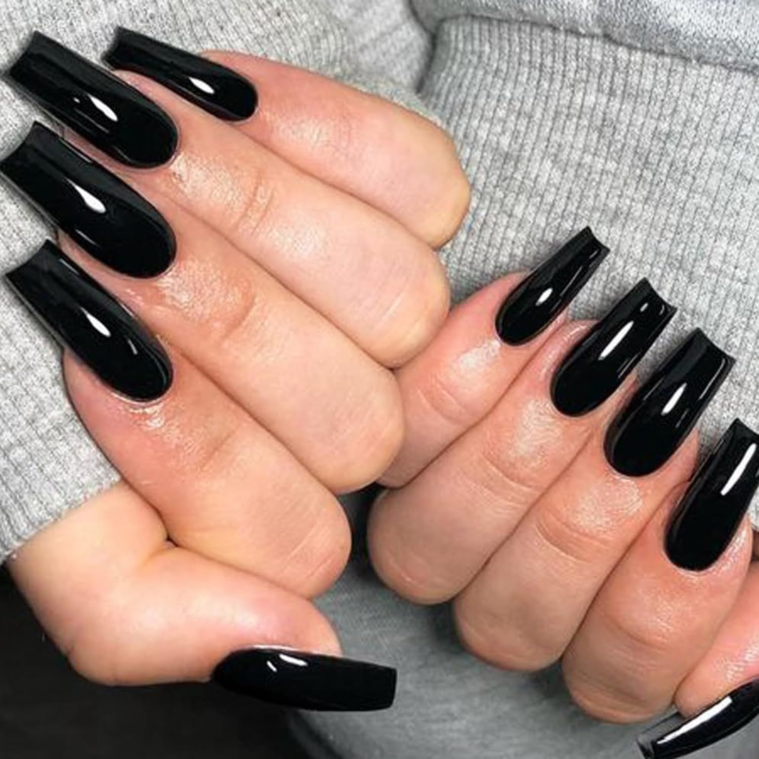 GLAMERMAID Black Press On Nails - Medium Coffin Shape, Long Fake Nails with Glossy Gel Polish | Reusable Stick on Nails Kit for Women & Girls | Perfect for Parties, Weddings & Everyday Wear
