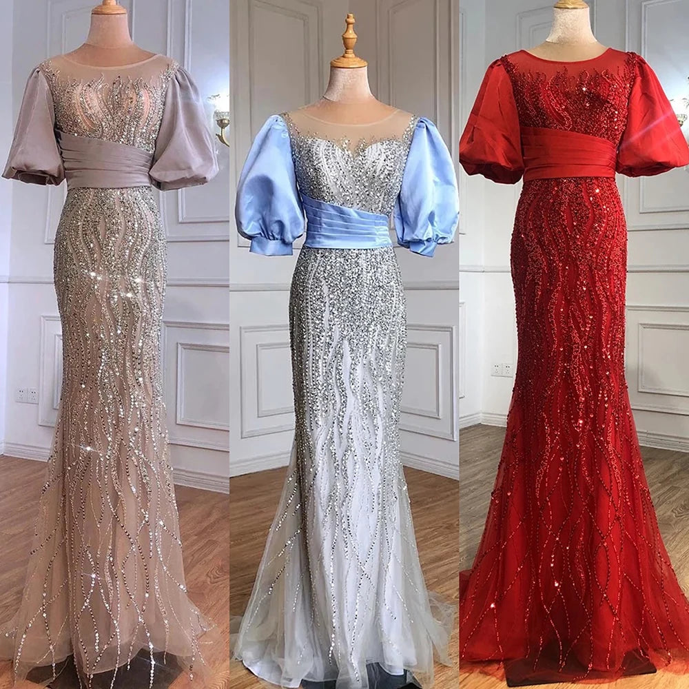 Serene Hill Silver Nude Luxury Mermaid Beaded Evening Dress with Puffy Sleeves - Elegant Women's Party Gown LA70809 | Perfect for Prom, Gala, Wedding & Formal Events