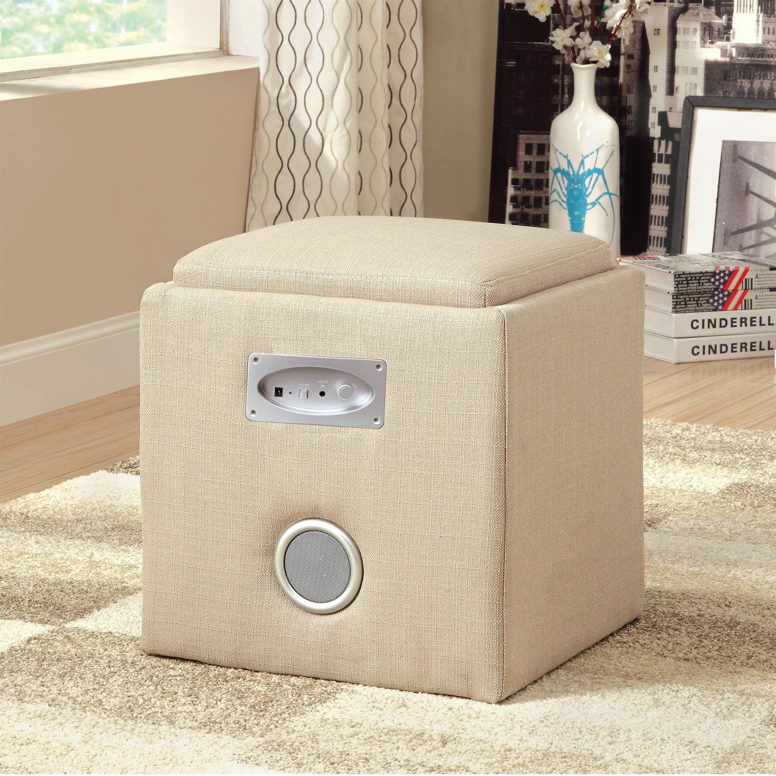 Furniture of America Uptempo Padded Flax Storage Ottoman with Built-in Bluetooth Speaker - Ivory | Modern Living Room Furniture with Hidden Storage & Wireless Audio | Perfect for Home Theater, Bedroom & Small Space Organization