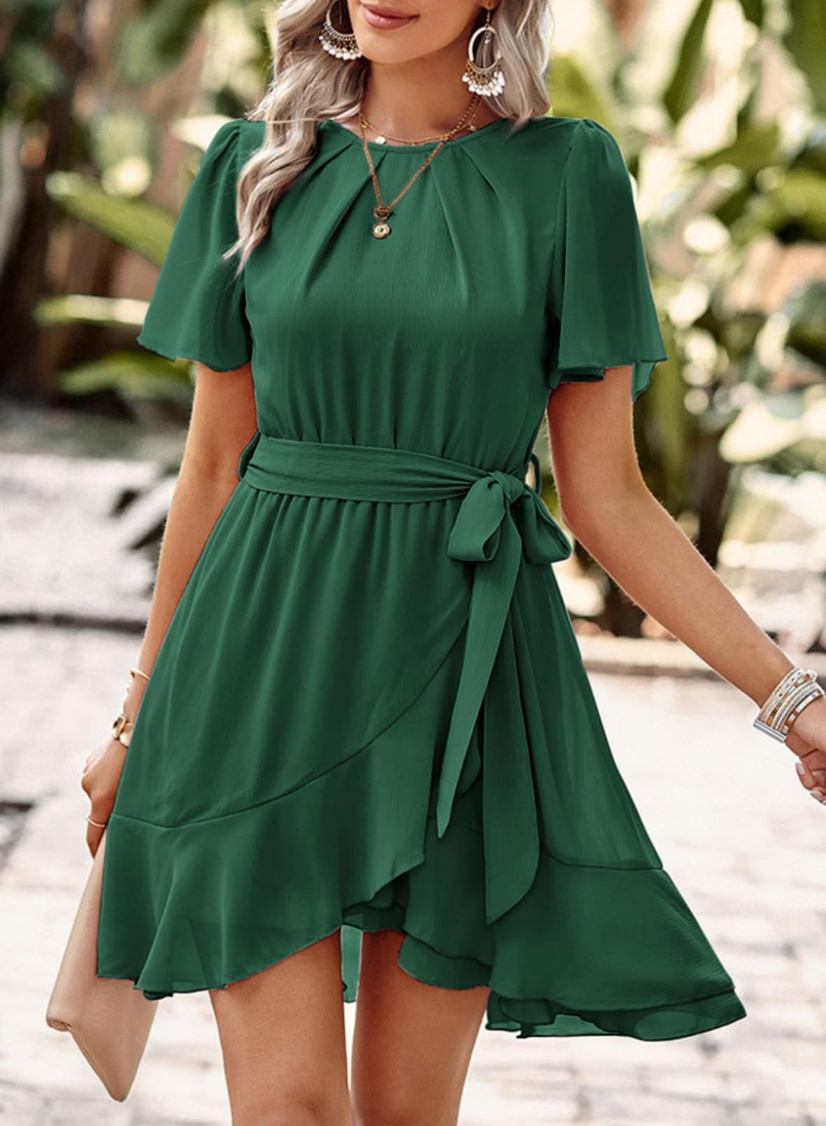 Dokotoo Women's Summer Dress 2025 - Crewneck Short Sleeve Chiffon A-Line Mini Dress with Waist Tie & Ruffle Detail | Perfect for Beach Vacations, Date Nights & Casual Outings