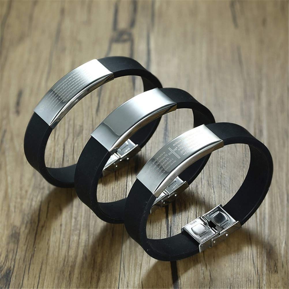 Custom Engraved 16mm Stainless Steel Cross Bangle Bracelet for Men - Bible Verse Silicone Wristband - Religious Jewelry Gift for Christian Faith & Daily Wear