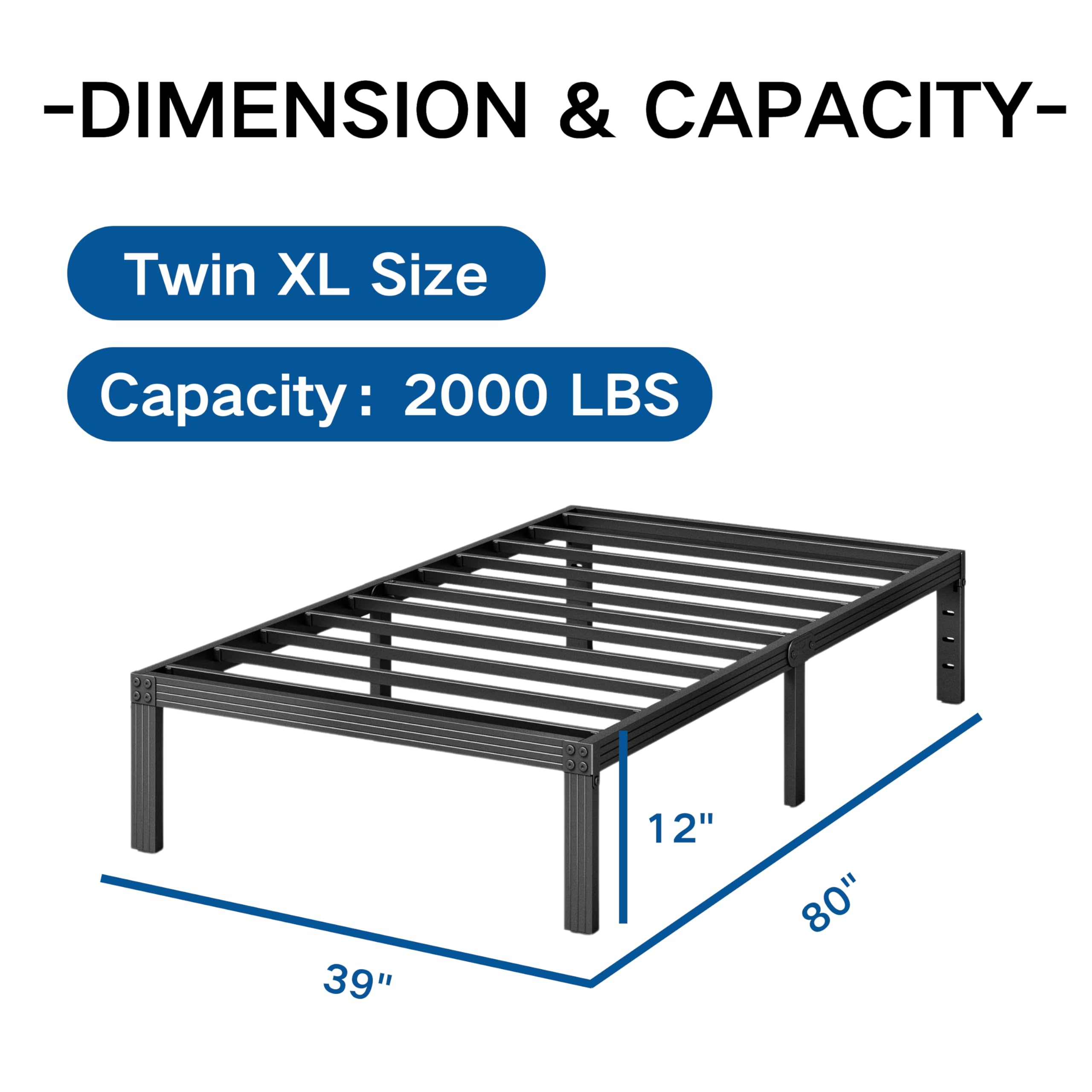 ZIYOO Twin XL Bed Frame - 12 Inch Heavy Duty Platform Bed with 2000lbs Steel Slats | No Box Spring Needed, Non-Slip Design, Easy Assembly & Noise-Free | Ideal for Dorms, Guest Rooms & Small Spaces with Under Bed Storage | Black